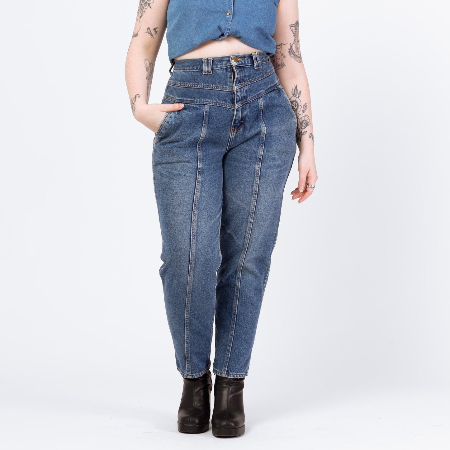 Vintage 90s Grunge Yoked Waist High Rise Curvy Jeans - Medium, 29" Waist | Hourglass Fit Tapered Leg Denim, High Waisted Mom Jeans