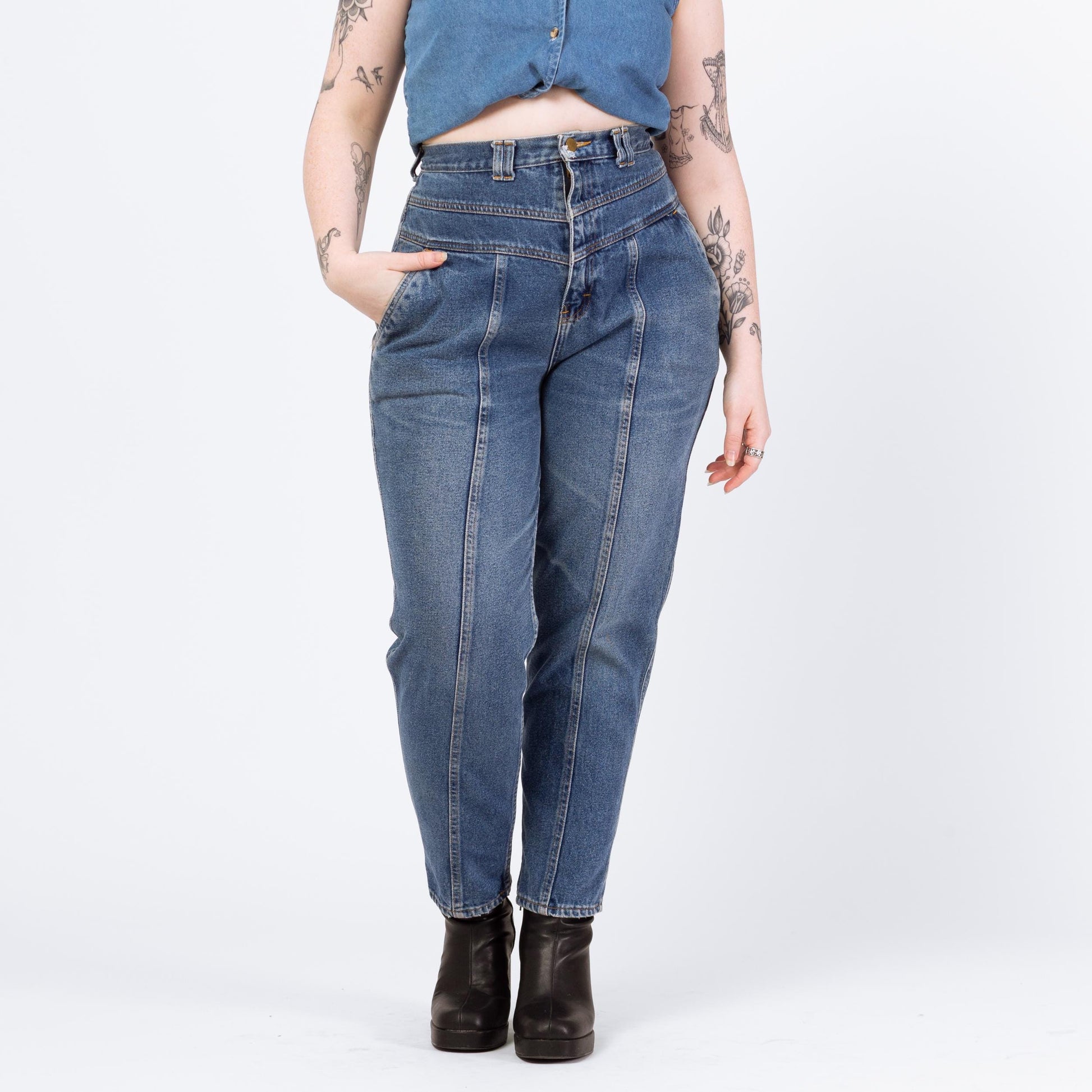 Vintage 90s Grunge Yoked Waist High Rise Curvy Jeans - Medium, 29" Waist | Hourglass Fit Tapered Leg Denim, High Waisted Mom Jeans