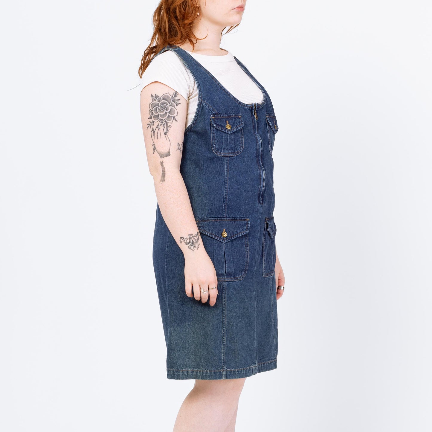 Vintage 90s Faded Denim Mini Pinafore Dress - Large | Zip Front Sleeveless Blue Jean Grunge Dress