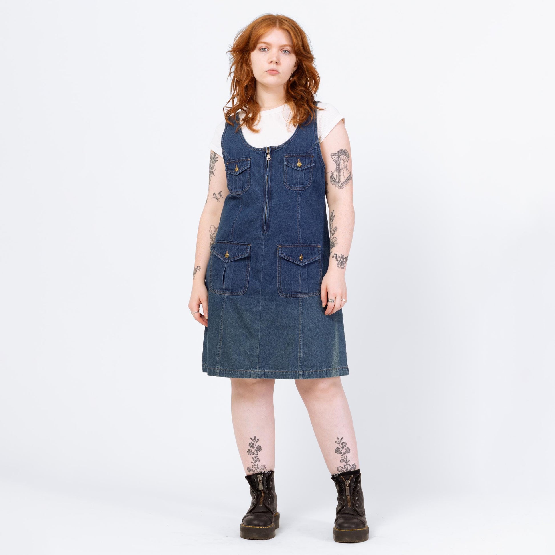 Vintage 90s Faded Denim Mini Pinafore Dress - Large | Zip Front Sleeveless Blue Jean Grunge Dress