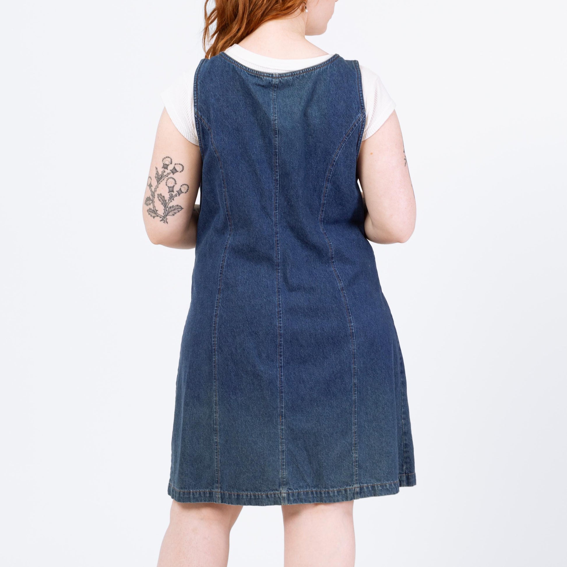 Vintage 90s Faded Denim Mini Pinafore Dress - Large | Zip Front Sleeveless Blue Jean Grunge Dress