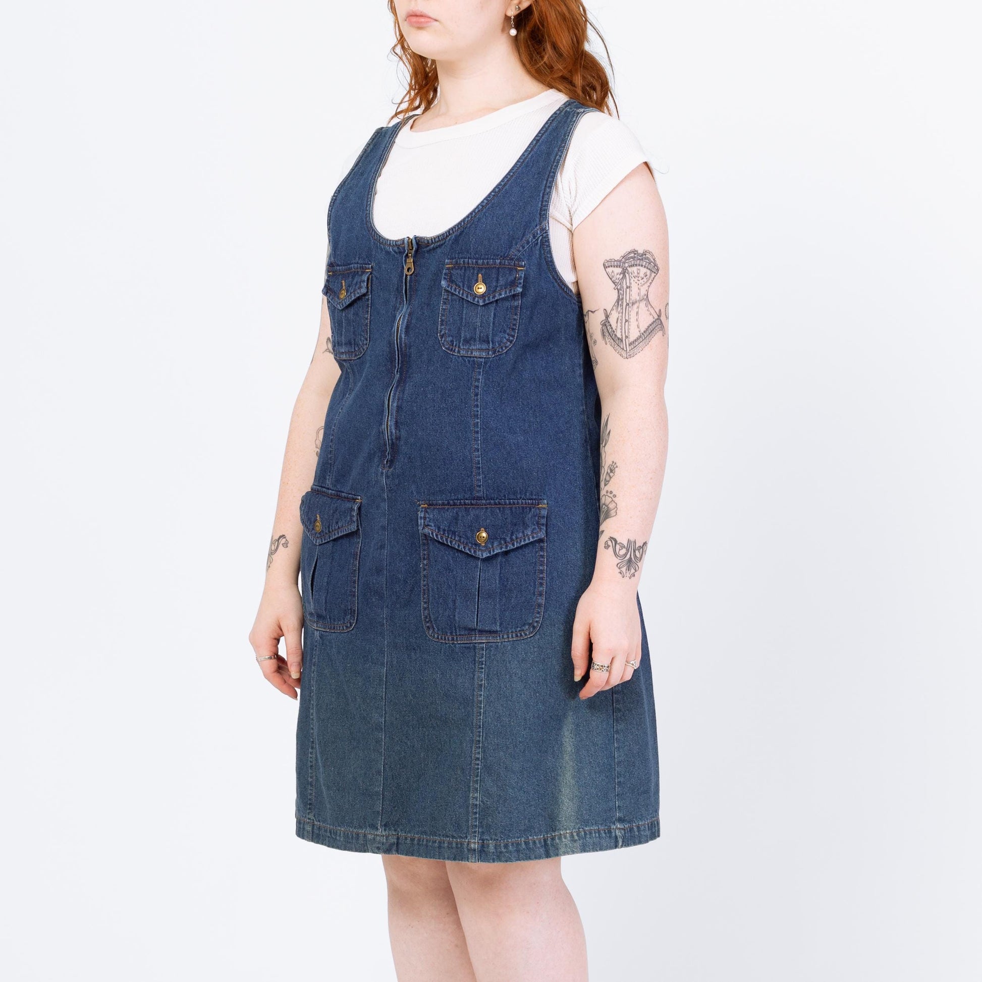 Vintage 90s Faded Denim Mini Pinafore Dress - Large | Zip Front Sleeveless Blue Jean Grunge Dress