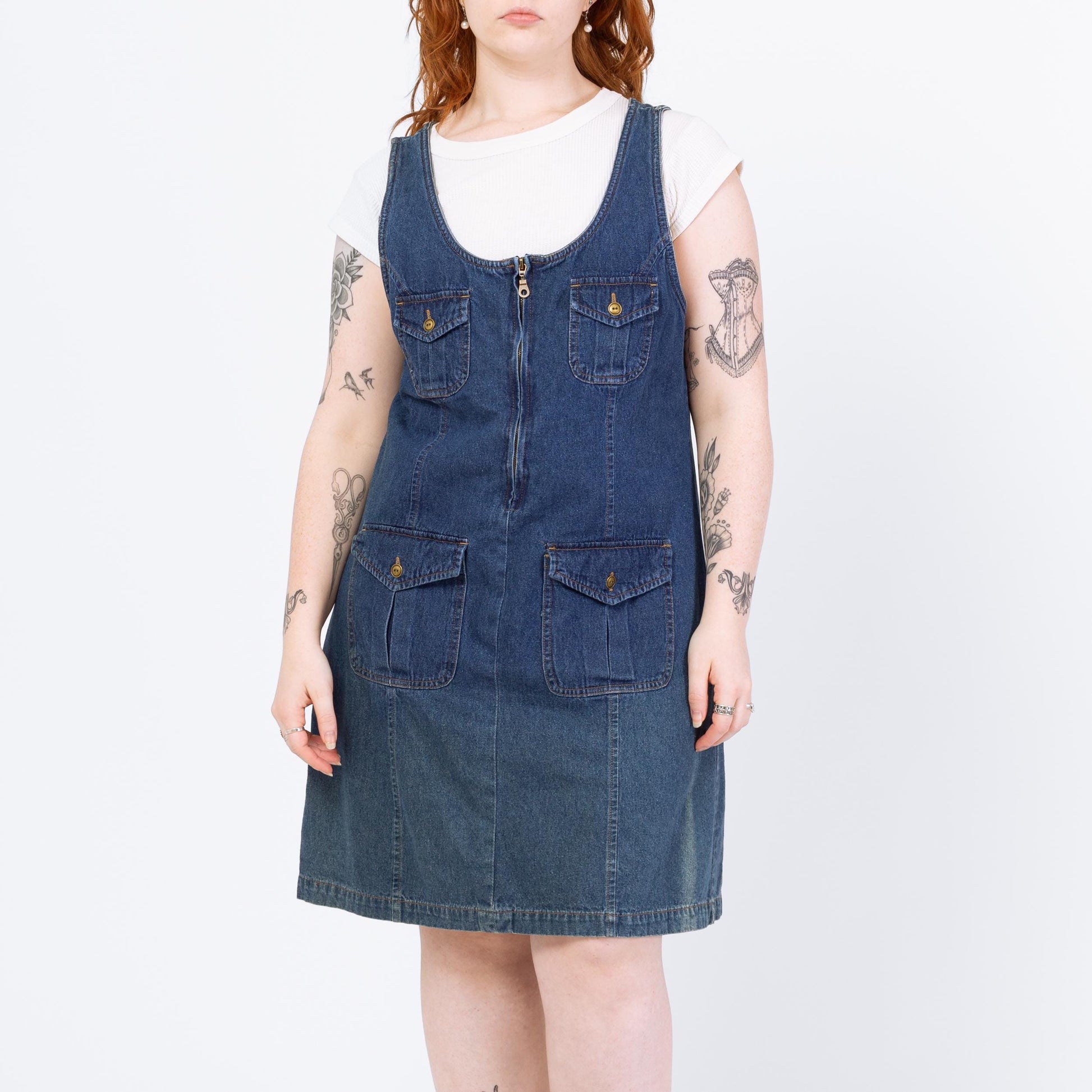 Vintage 90s Faded Denim Mini Pinafore Dress - Large | Zip Front Sleeveless Blue Jean Grunge Dress