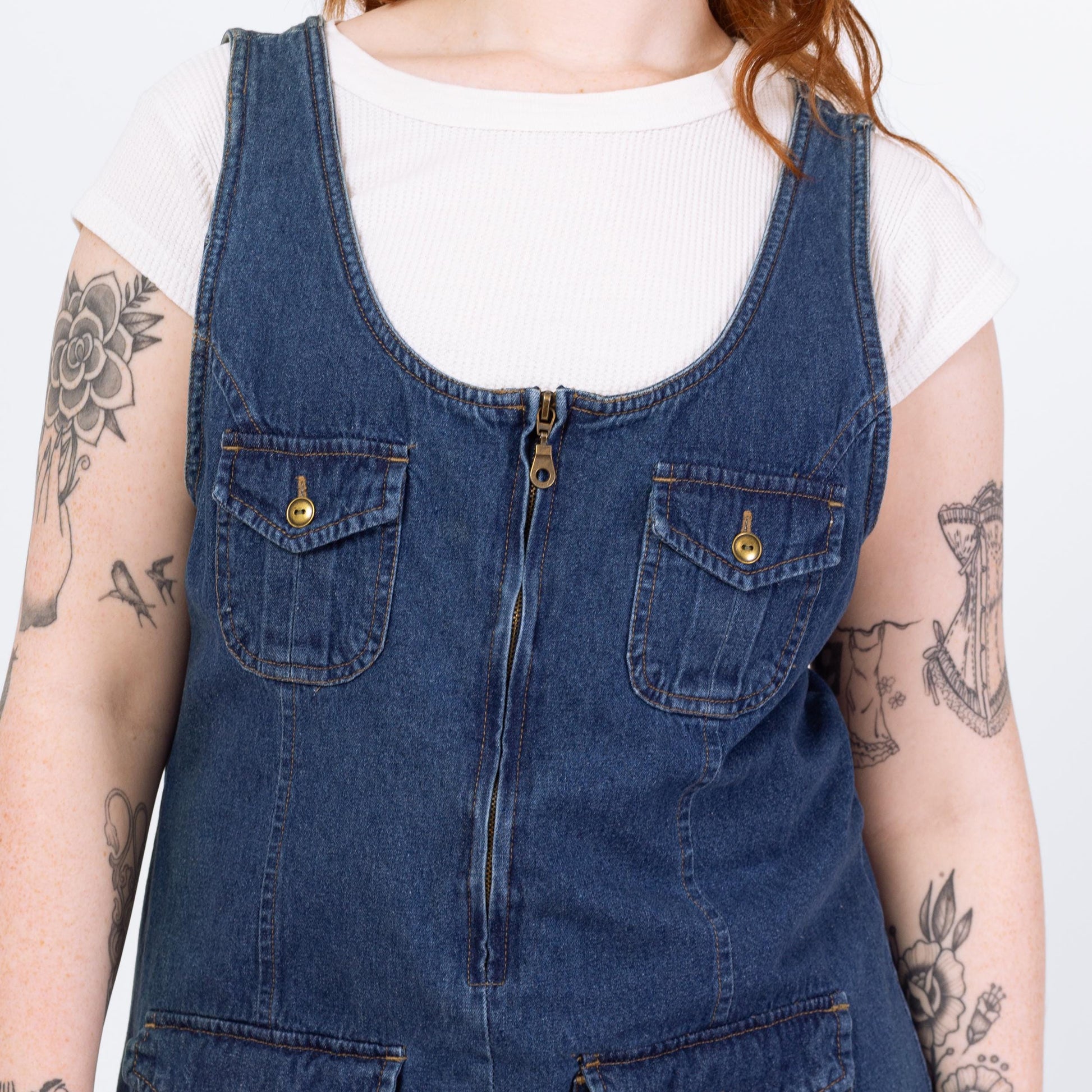 Vintage 90s Faded Denim Mini Pinafore Dress - Large | Zip Front Sleeveless Blue Jean Grunge Dress