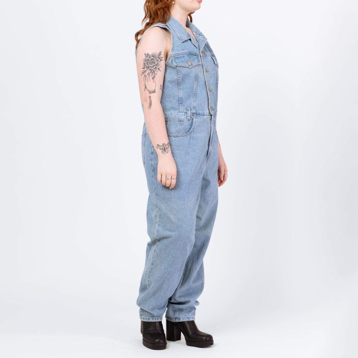 Vintage 90s Light Wash Denim Jumpsuit - Extra Large | Sleeveless Button Up Fitted Waist Grunge Coverall Pantsuit Outfit