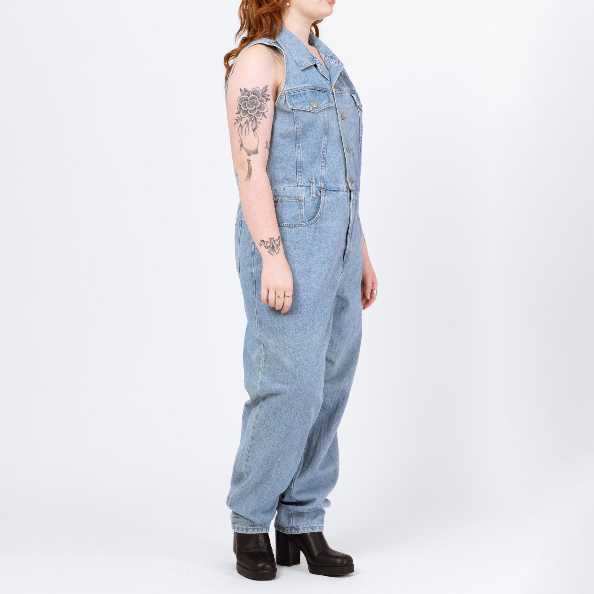 Vintage 90s Light Wash Denim Jumpsuit - Extra Large | Sleeveless Button Up Fitted Waist Grunge Coverall Pantsuit Outfit