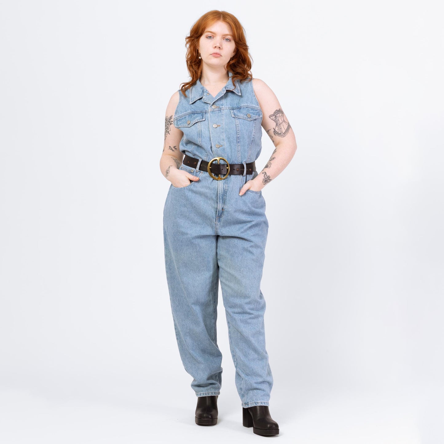 Vintage 90s Light Wash Denim Jumpsuit - Extra Large | Sleeveless Button Up Fitted Waist Grunge Coverall Pantsuit Outfit