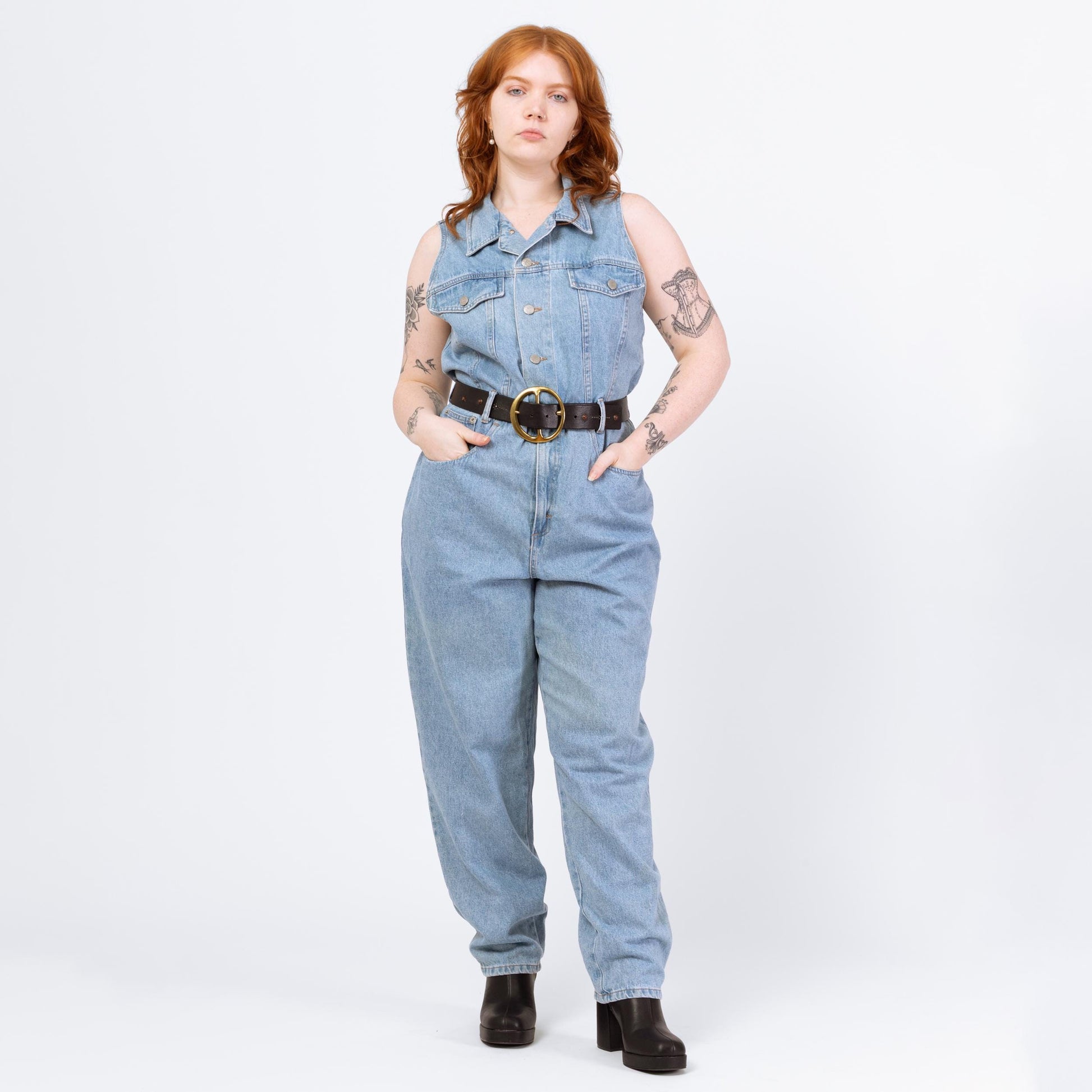 Vintage 90s Light Wash Denim Jumpsuit - Extra Large | Sleeveless Button Up Fitted Waist Grunge Coverall Pantsuit Outfit