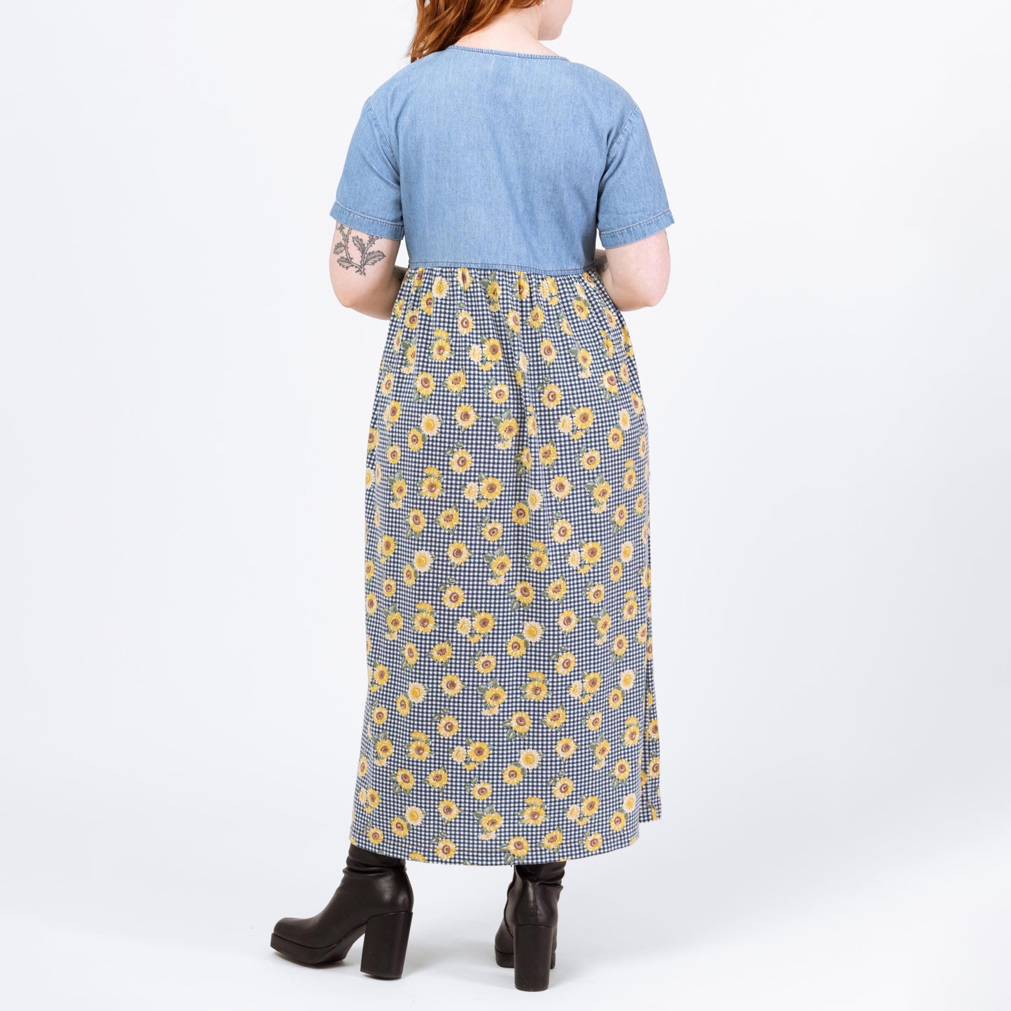 Vintage 90s Sunflower Floral & Chambray Maxi Dress - Medium | Denim Bodice Gingham Boho Grunge Pocket Sundress