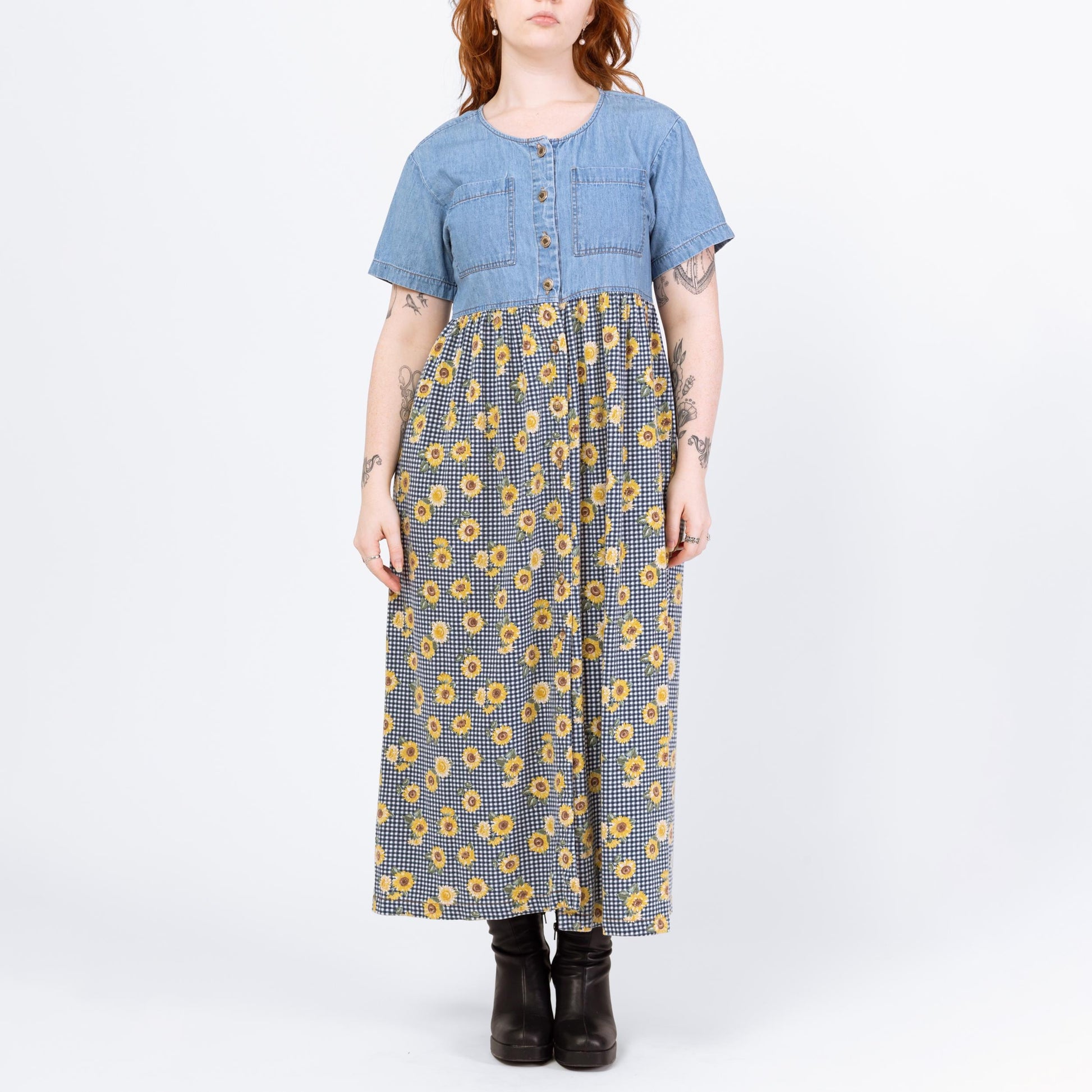 Vintage 90s Sunflower Floral & Chambray Maxi Dress - Medium | Denim Bodice Gingham Boho Grunge Pocket Sundress