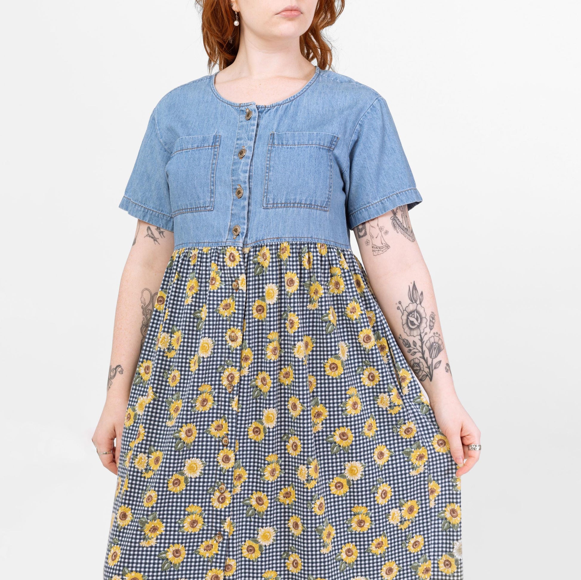 Vintage 90s Sunflower Floral & Chambray Maxi Dress - Medium | Denim Bodice Gingham Boho Grunge Pocket Sundress