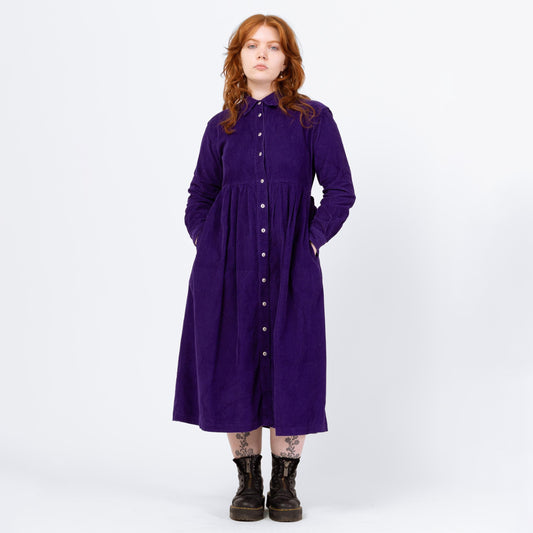 Vintage 80s Royal Purple Corduroy Midi Shirtdress - Petite Medium | Button Up Long Sleeve Fit & Flare Pocket Dress