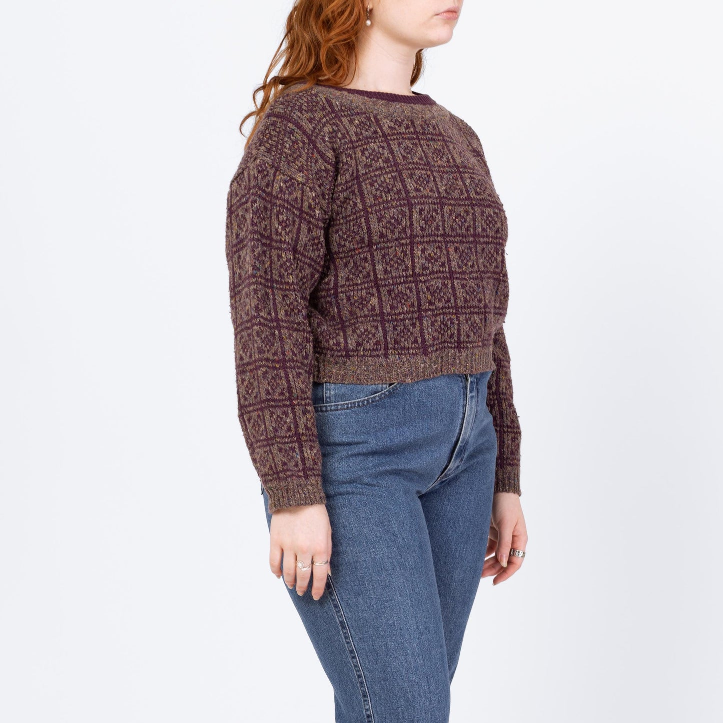 Vintage 80s Purple & Grey Cropped Sweater - Large | Grunge Crew Neck Pullover, Slouchy Boxy Fit Crop Top Jumper