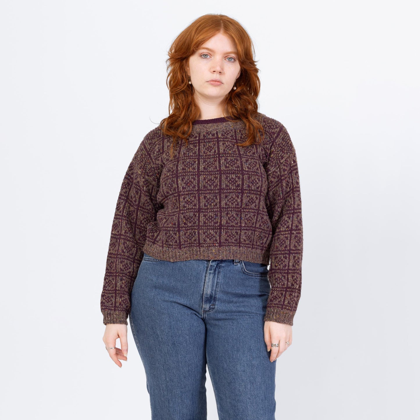 Vintage 80s Purple & Grey Cropped Sweater - Large | Grunge Crew Neck Pullover, Slouchy Boxy Fit Crop Top Jumper