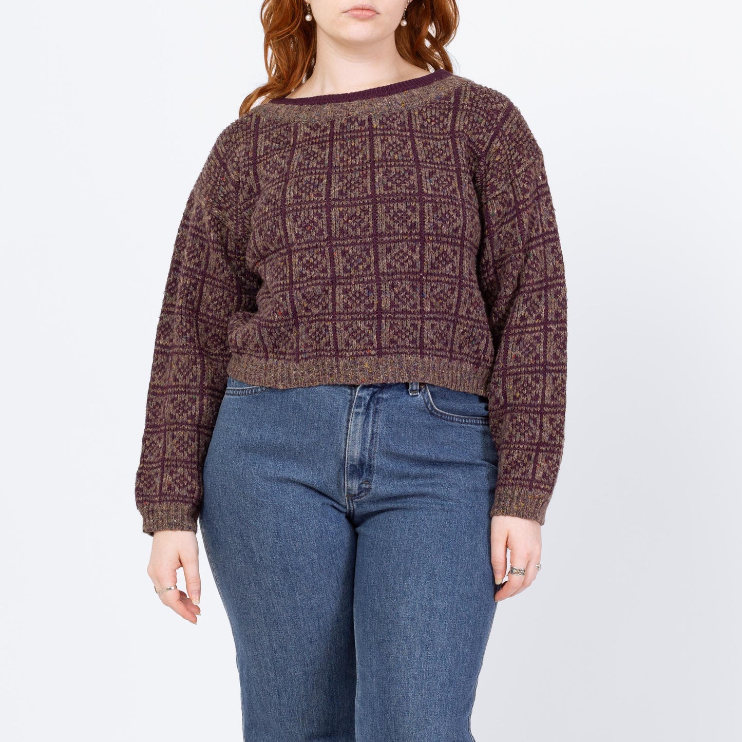 Vintage 80s Purple & Grey Cropped Sweater - Large | Grunge Crew Neck Pullover, Slouchy Boxy Fit Crop Top Jumper