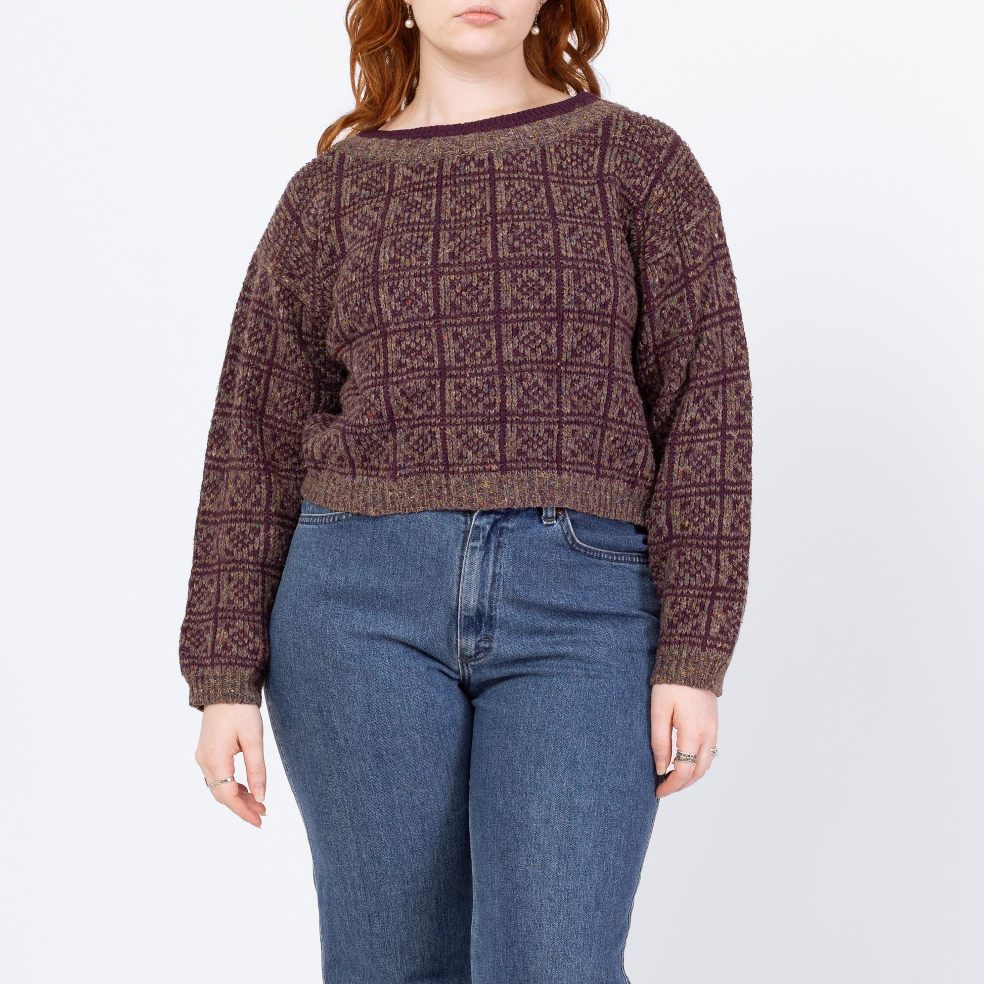 Vintage 80s Purple & Grey Cropped Sweater - Large | Grunge Crew Neck Pullover, Slouchy Boxy Fit Crop Top Jumper