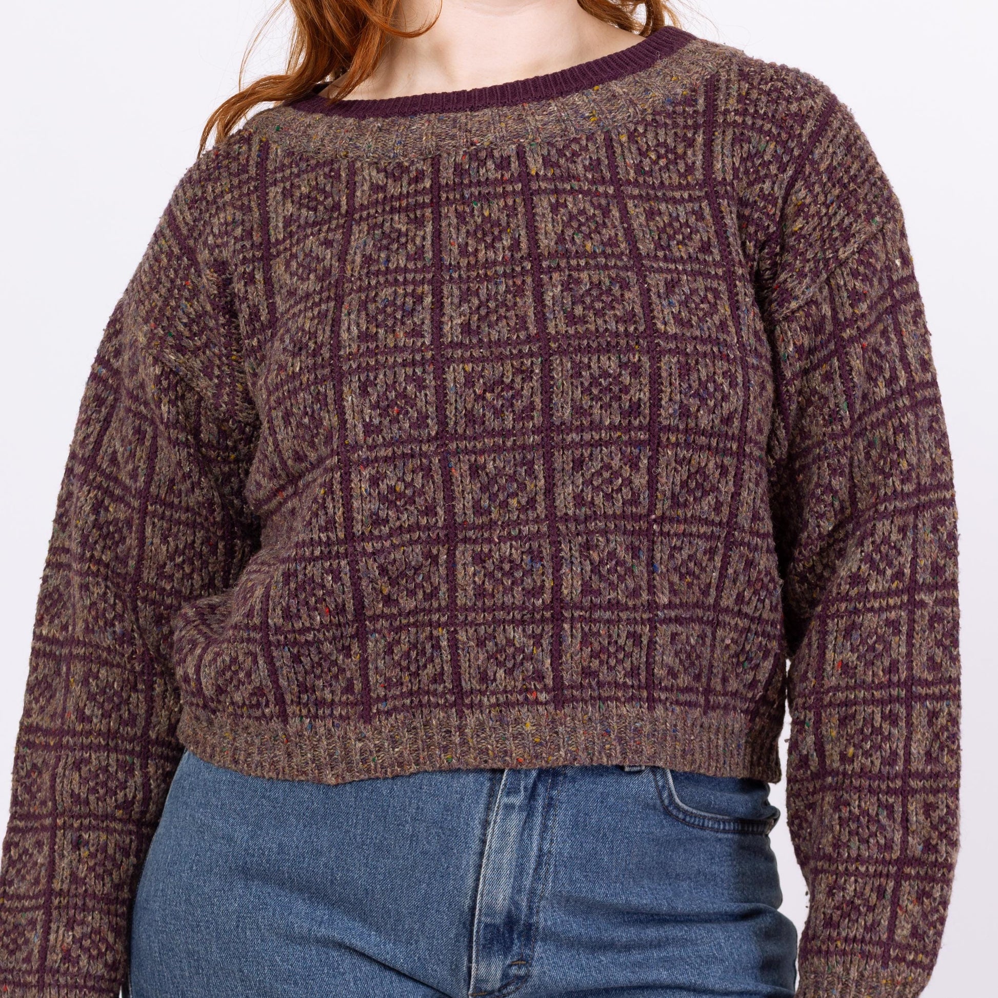 Vintage 80s Purple & Grey Cropped Sweater - Large | Grunge Crew Neck Pullover, Slouchy Boxy Fit Crop Top Jumper