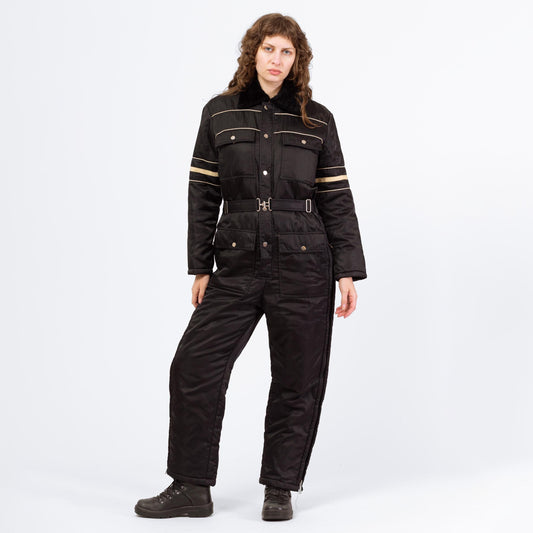 Vintage 80s Black & White Striped Belted Ski Suit - Men's Medium Short | Winter Snowsuit Outerwear Jumpsuit One Piece Snow Gear