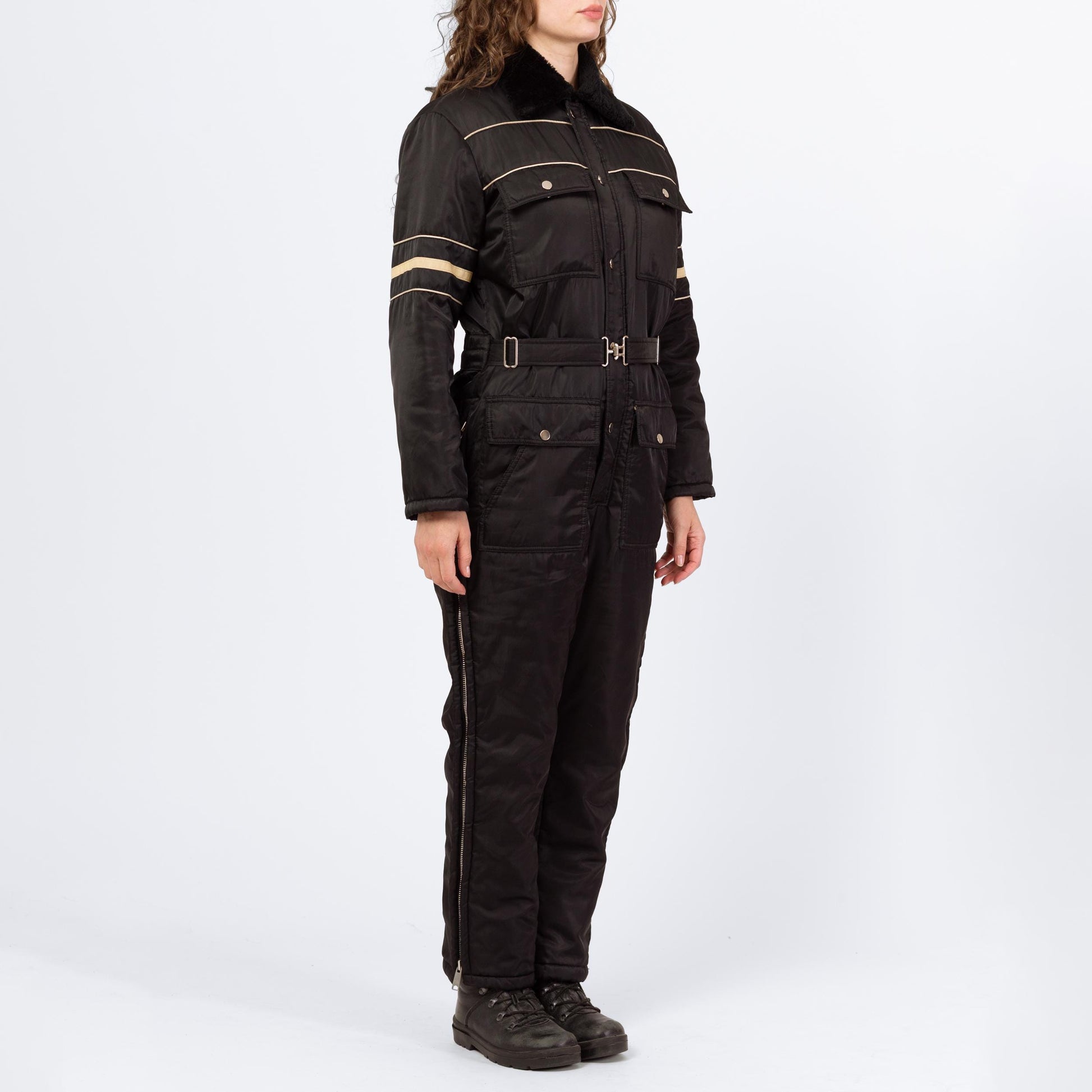 Vintage 80s Black & White Striped Belted Ski Suit - Men's Medium Short | Winter Snowsuit Outerwear Jumpsuit One Piece Snow Gear