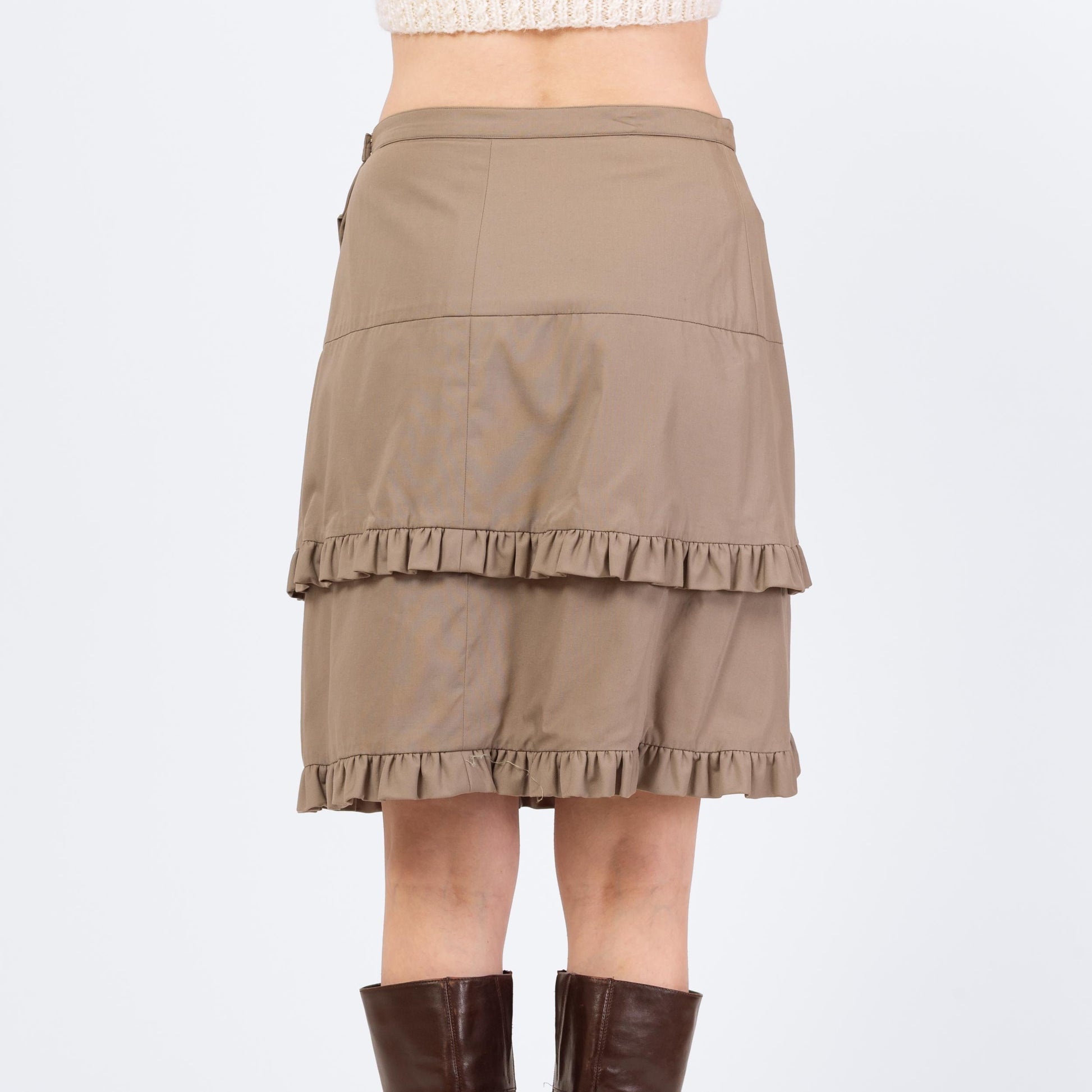 Vintage 90s Jacqueline de Ribes Paris Asymmetric Mini Wrap Skirt - Medium, 30" Waist | Designer Taupe Ruffled Mid Rise Miniskirt