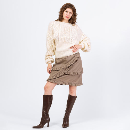 Vintage 90s Jacqueline de Ribes Paris Asymmetric Mini Wrap Skirt - Medium, 30" Waist | Designer Taupe Ruffled Mid Rise Miniskirt