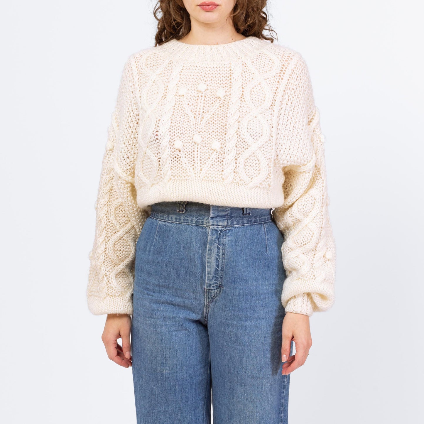 Vintage 90s White Cable Knit Balloon Sleeve Sweater - Medium | Chunky Bobble Knit Pullover