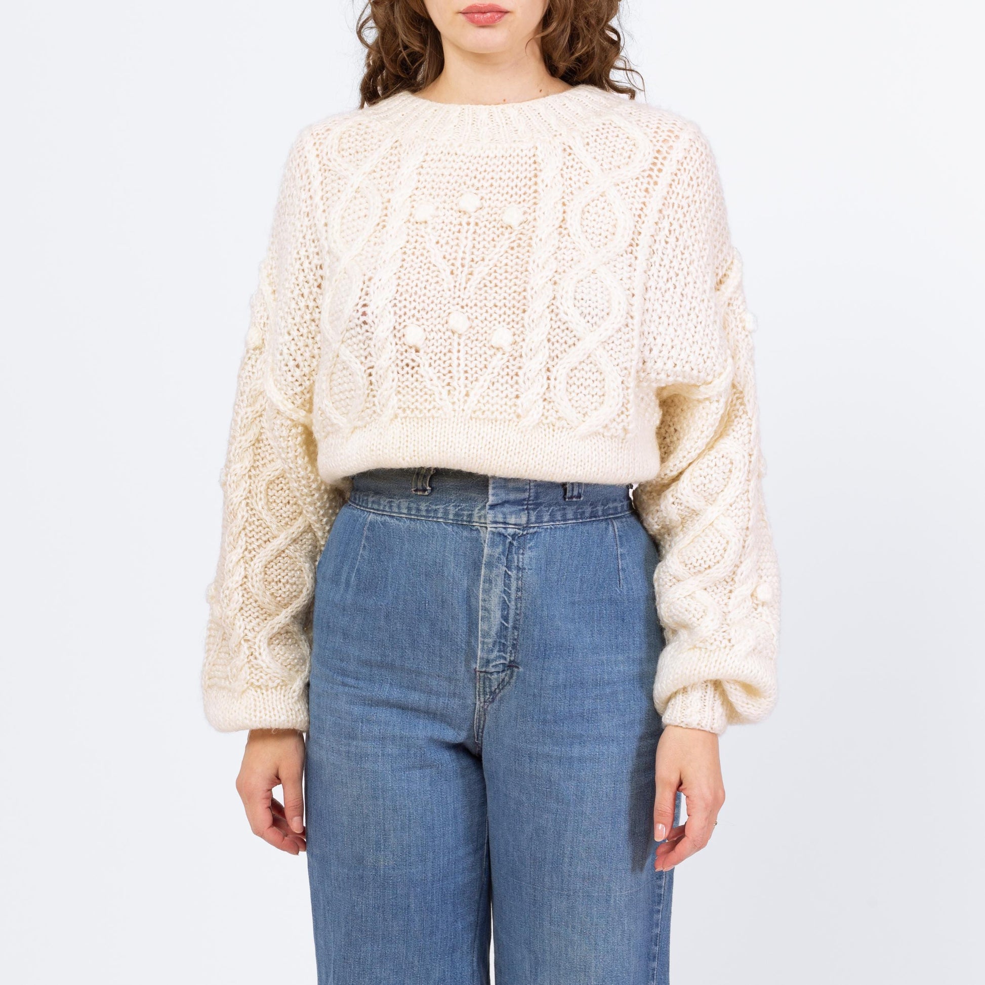 Vintage 90s White Cable Knit Balloon Sleeve Sweater - Medium | Chunky Bobble Knit Pullover