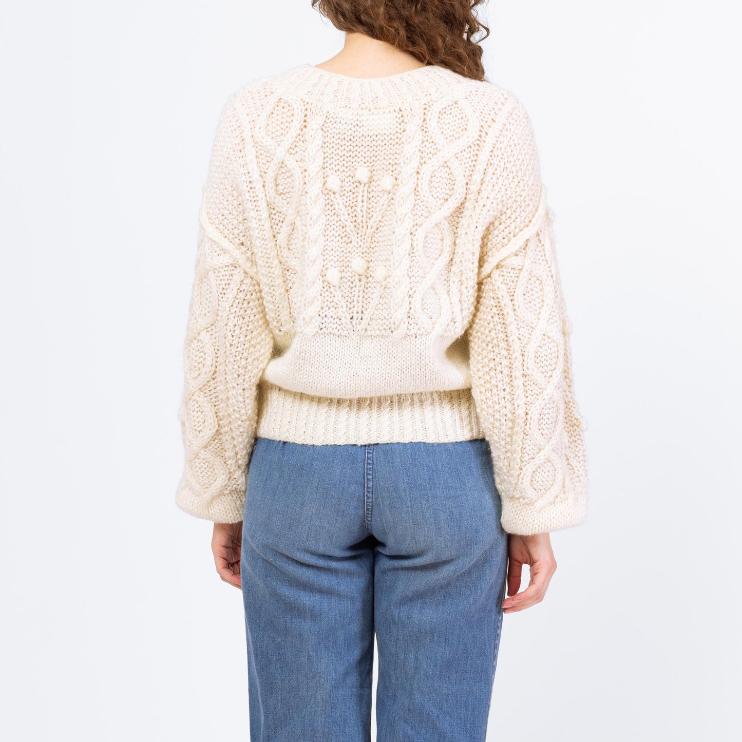 Vintage 90s White Cable Knit Balloon Sleeve Sweater - Medium | Chunky Bobble Knit Pullover