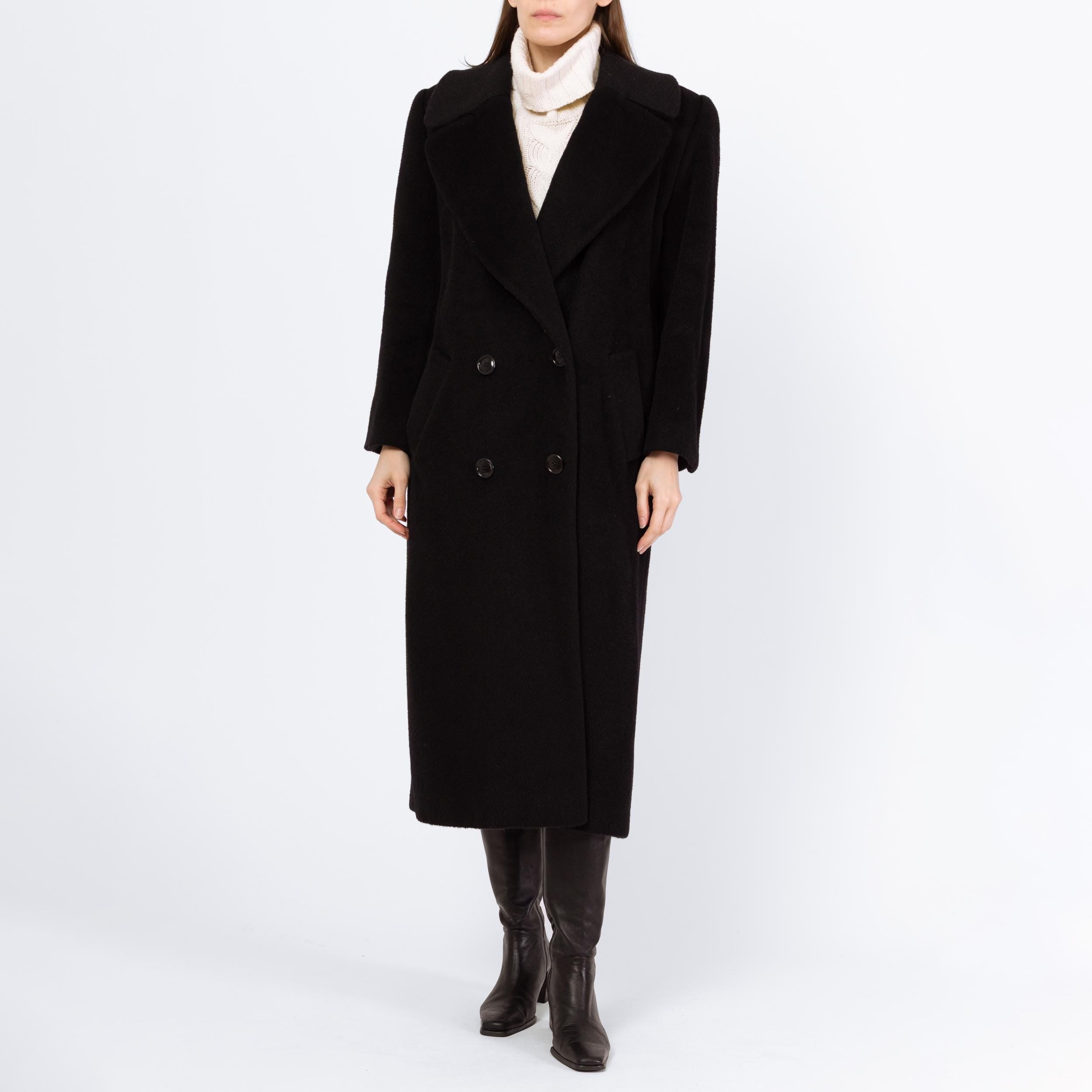 Vintage 80s Christian Dior Black Wool Double Breasted Overcoat