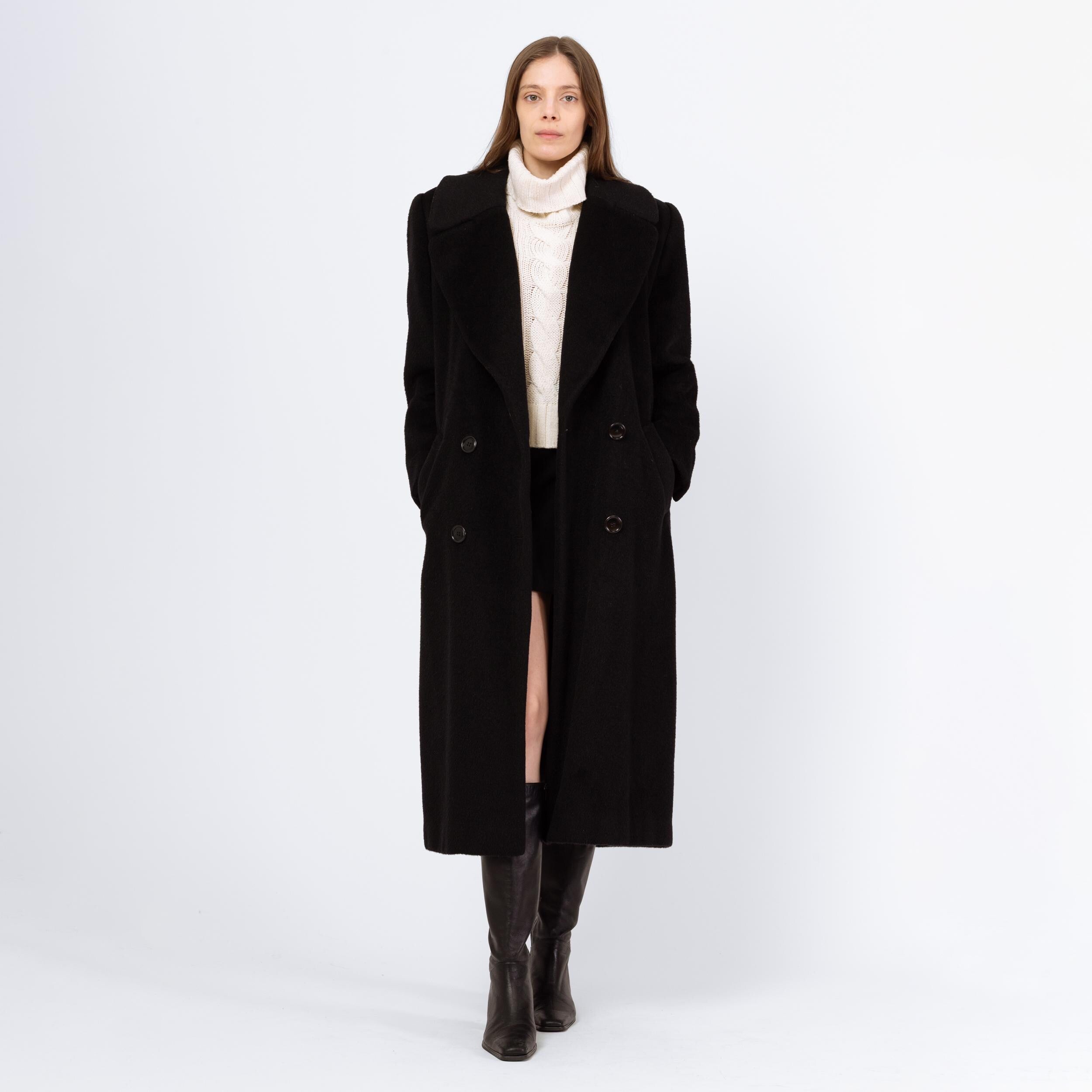 Vintage 80s Christian Dior Black Wool Double Breasted Overcoat