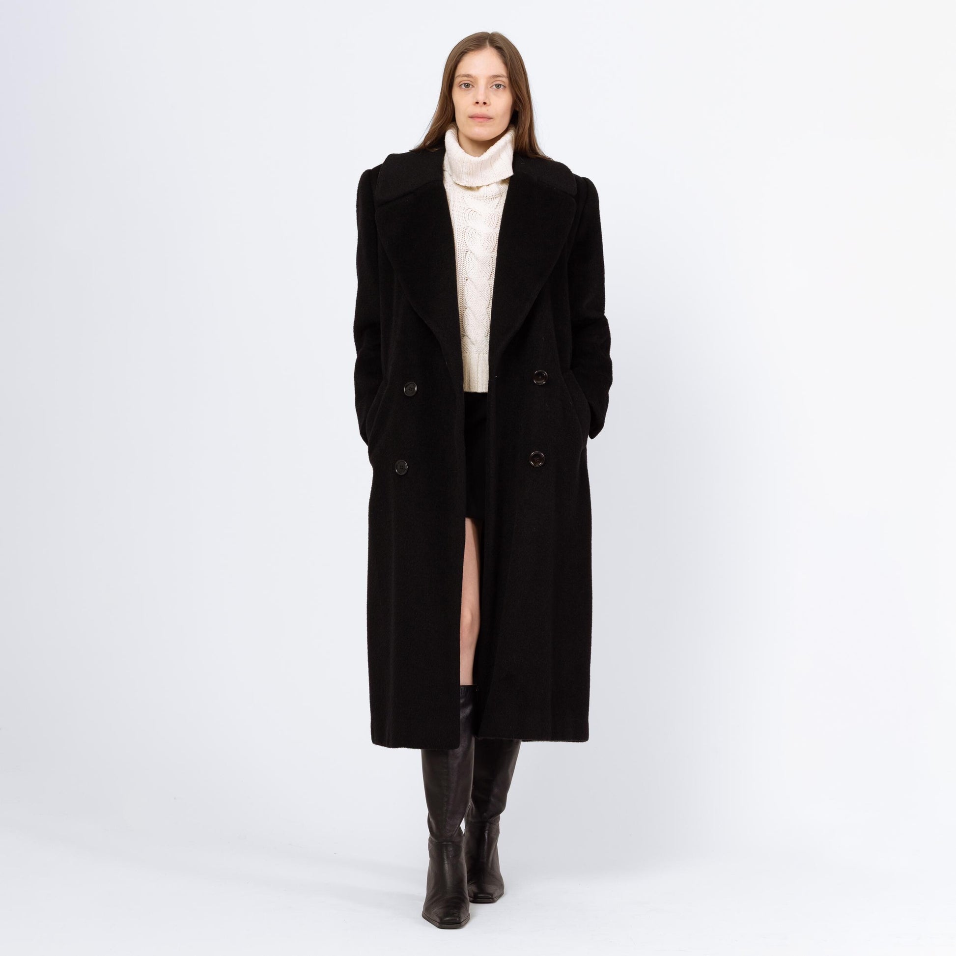 Vintage 80s Christian Dior Black Wool Double Breasted Overcoat - Small, Size 6 | Minimalist Button Up Long Winter Coat