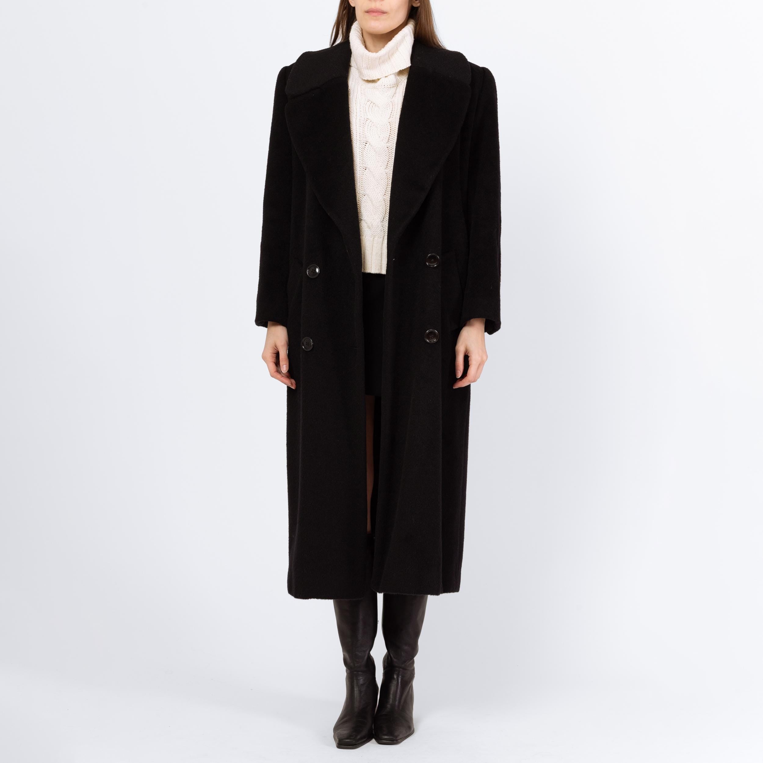 Vintage 80s Christian Dior Black Wool Double Breasted Overcoat