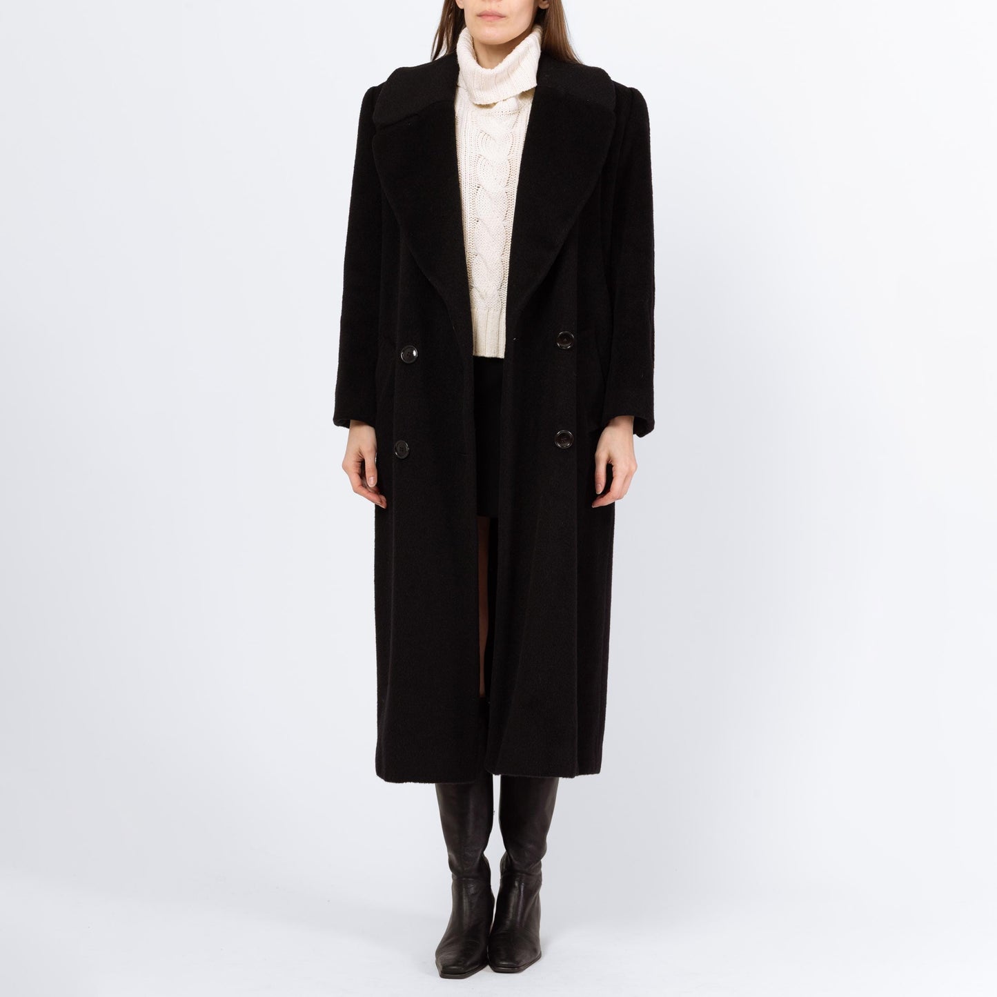 Vintage 80s Christian Dior Black Wool Double Breasted Overcoat - Small, Size 6 | Minimalist Button Up Long Winter Coat