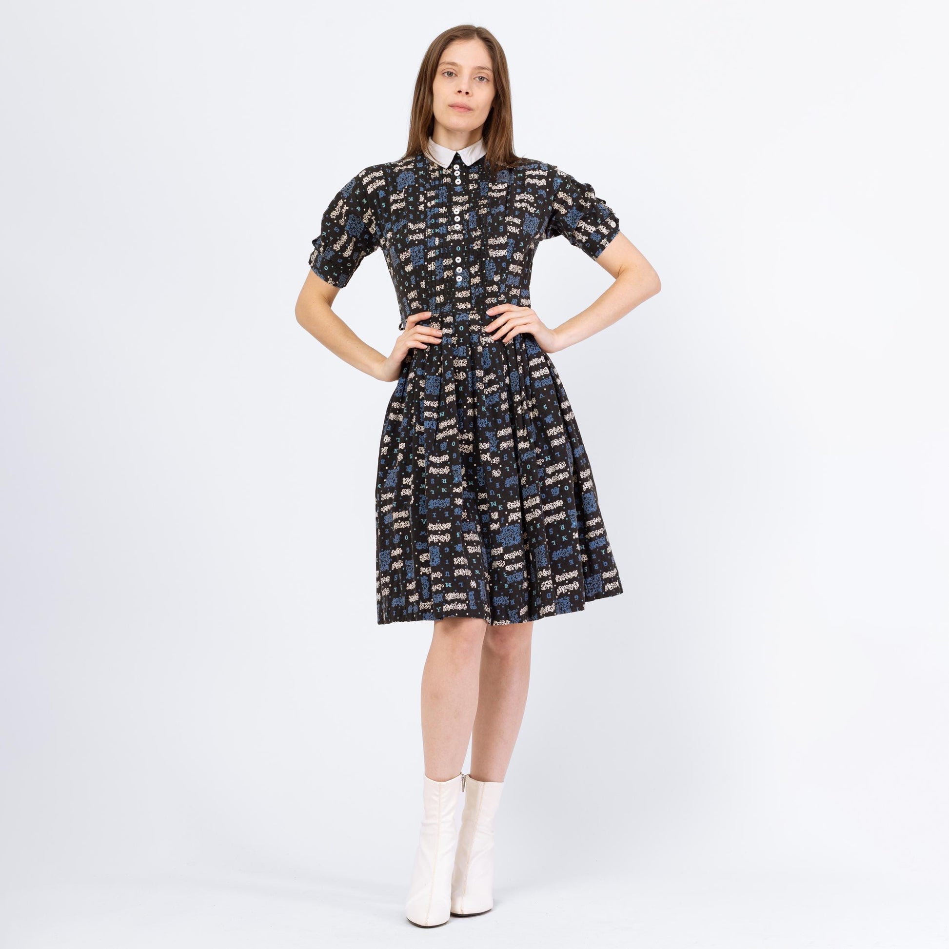Vintage 50s Alphabet Novelty Print Day Dress - Small | 1950s Peter Pan Collar Short Puff Sleeve Fit & Flare Dress