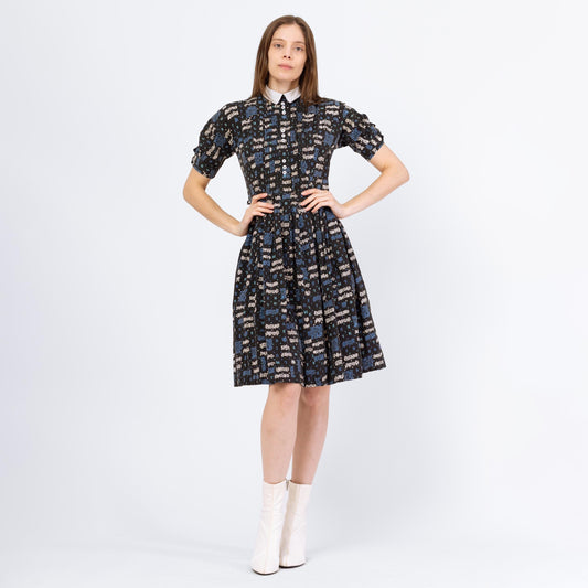 Vintage 50s Alphabet Novelty Print Day Dress - Small | 1950s Peter Pan Collar Short Puff Sleeve Fit & Flare Dress