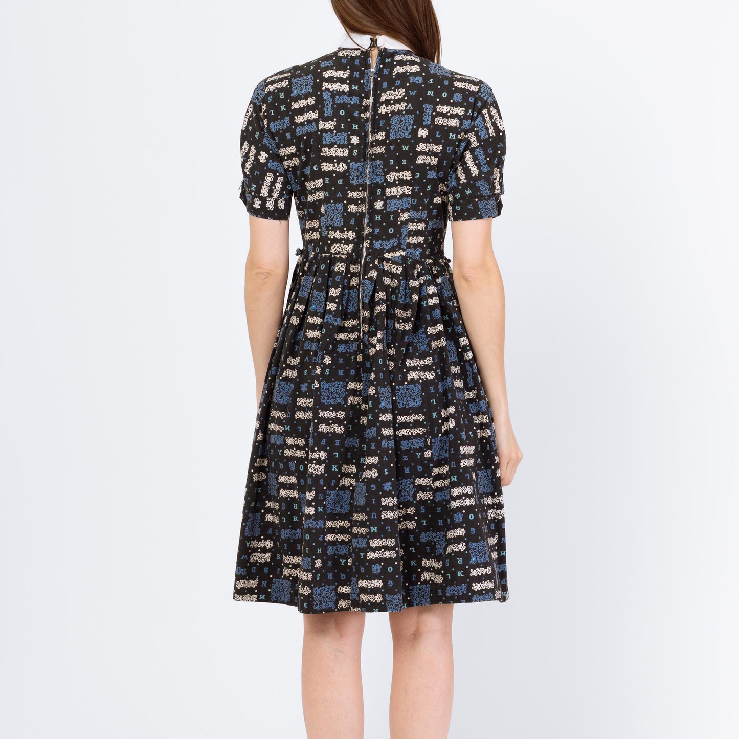 Vintage 50s Alphabet Novelty Print Day Dress - Small | 1950s Peter Pan Collar Short Puff Sleeve Fit & Flare Dress