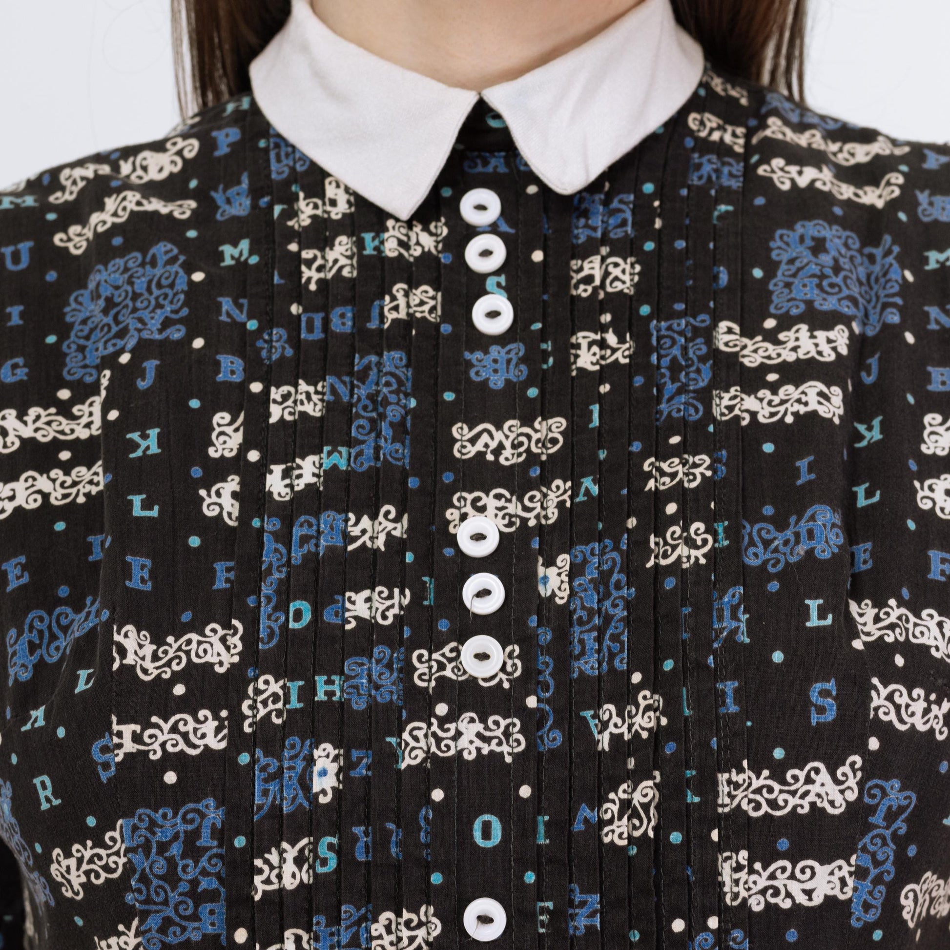 Vintage 50s Alphabet Novelty Print Day Dress - Small | 1950s Peter Pan Collar Short Puff Sleeve Fit & Flare Dress