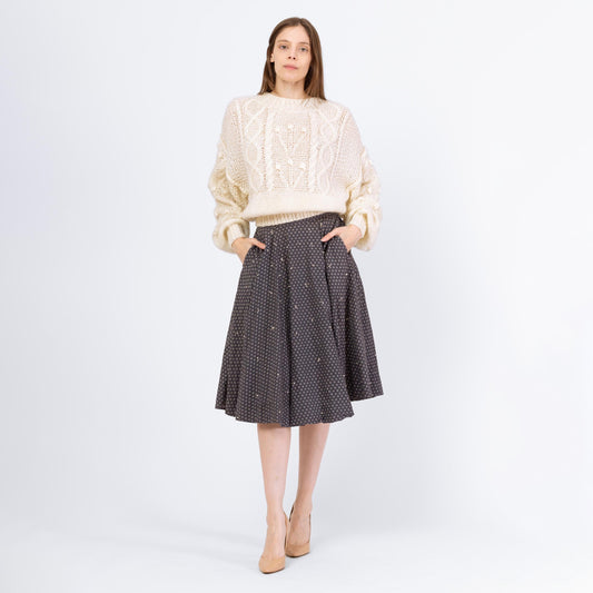 Vintage 50s Beaded Clover Print Circle Skirt - Small, 26" Waist | 1950s Navy Blue High Waisted Midi Pocket Skirt