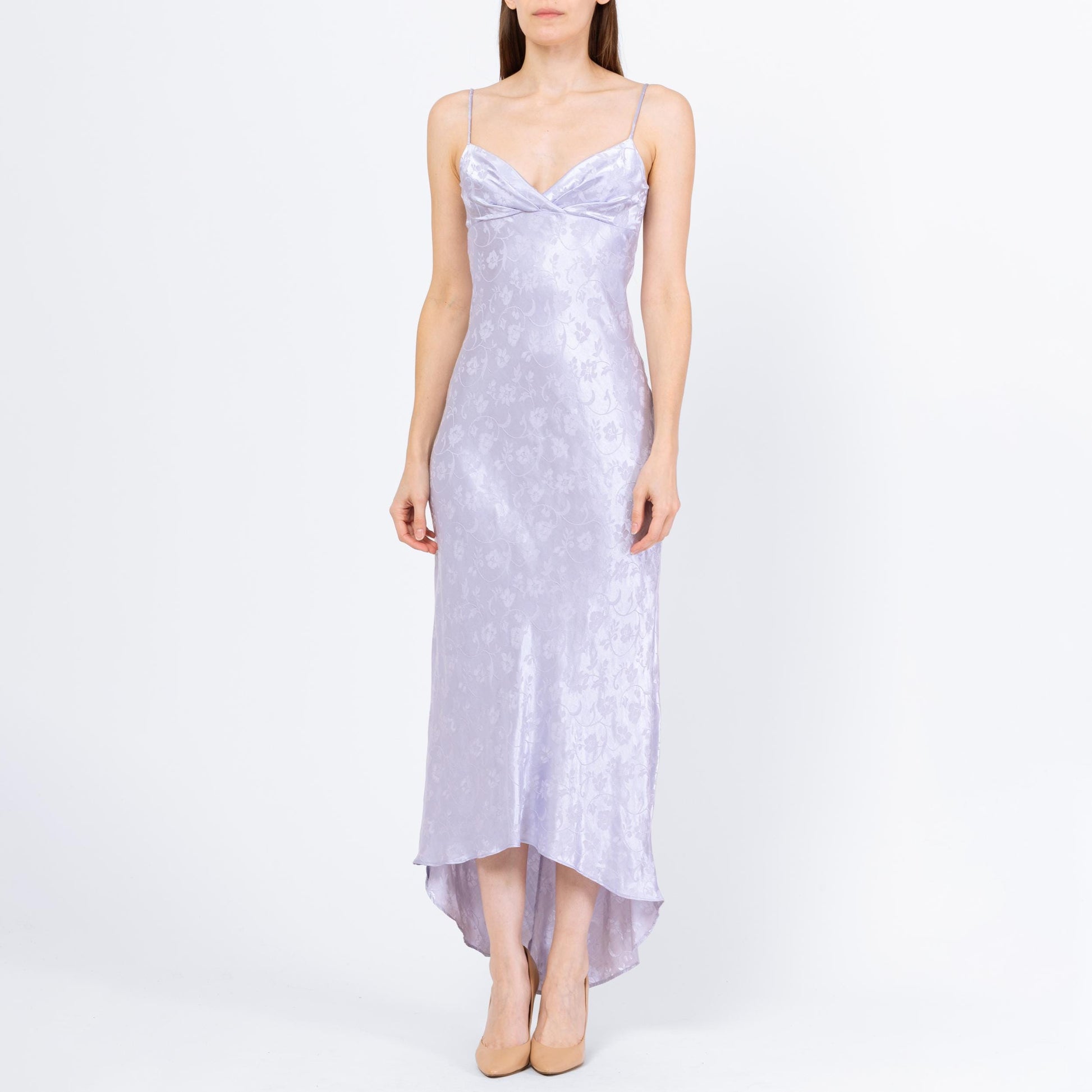 Vintage 90s Pastel Lavender Jacquard Low Back Bias Cut Gown - Small, Size 4 | A Line Formal High Low Hem Evening Maxi Dress