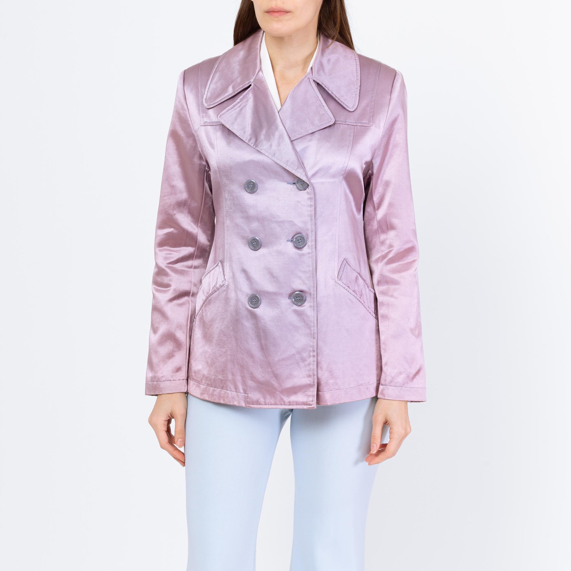 Vintage 90s Mod Faded Lilac Satin Jacket - Small | Double Breasted Short Lightweight Coat