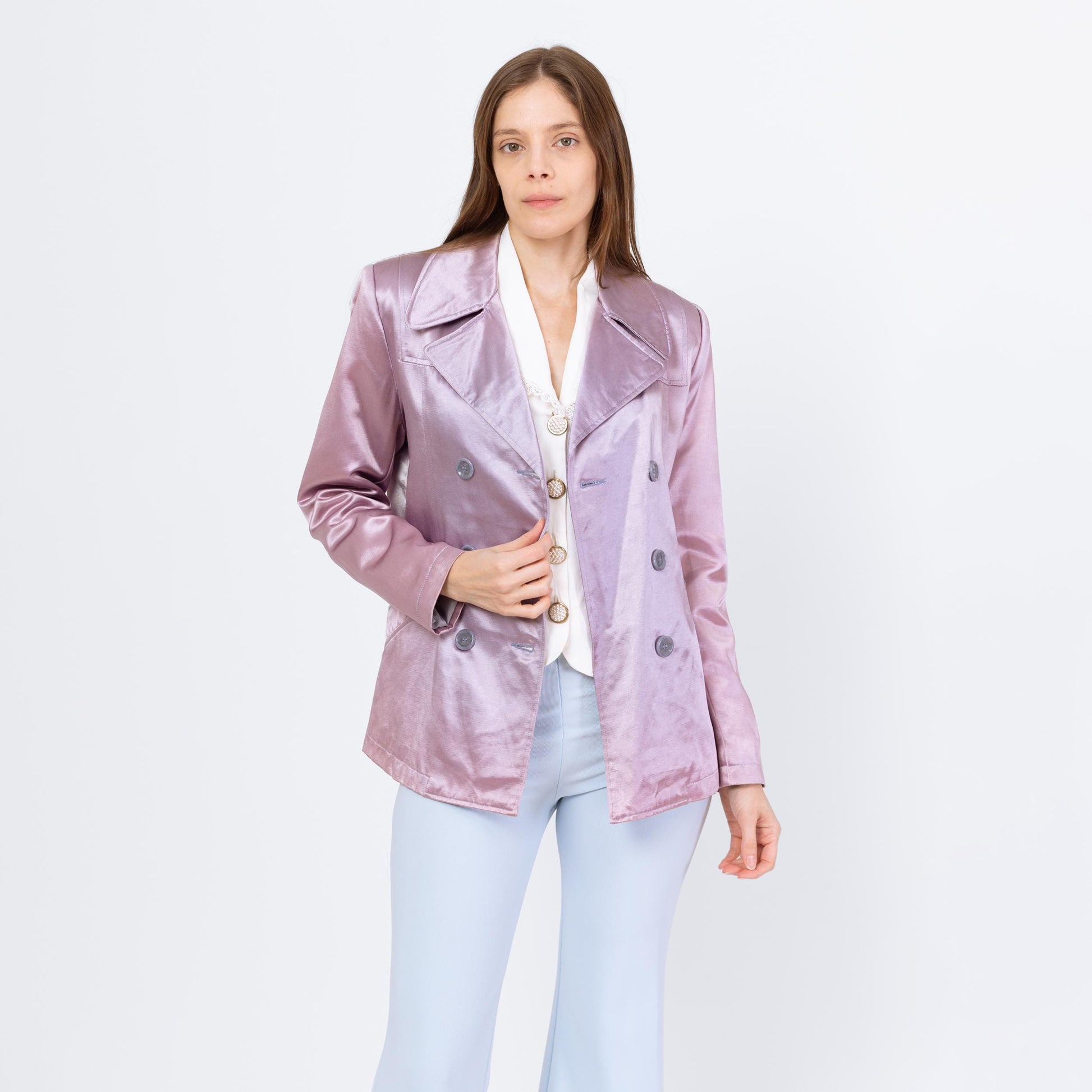 Vintage 90s Mod Faded Lilac Satin Jacket - Small | Double Breasted Short Lightweight Coat