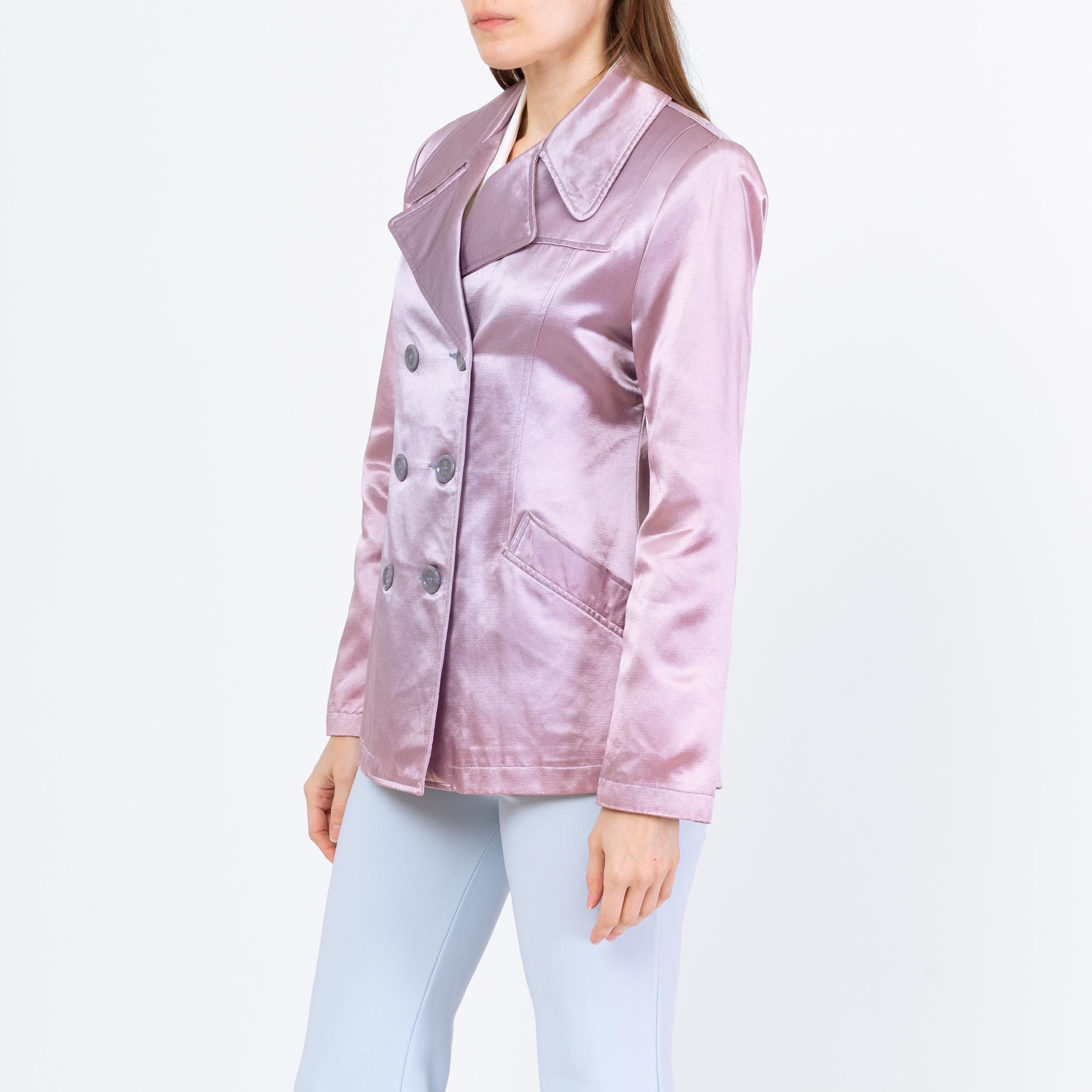 Vintage 90s Mod Faded Lilac Satin Jacket - Small | Double Breasted Short Lightweight Coat