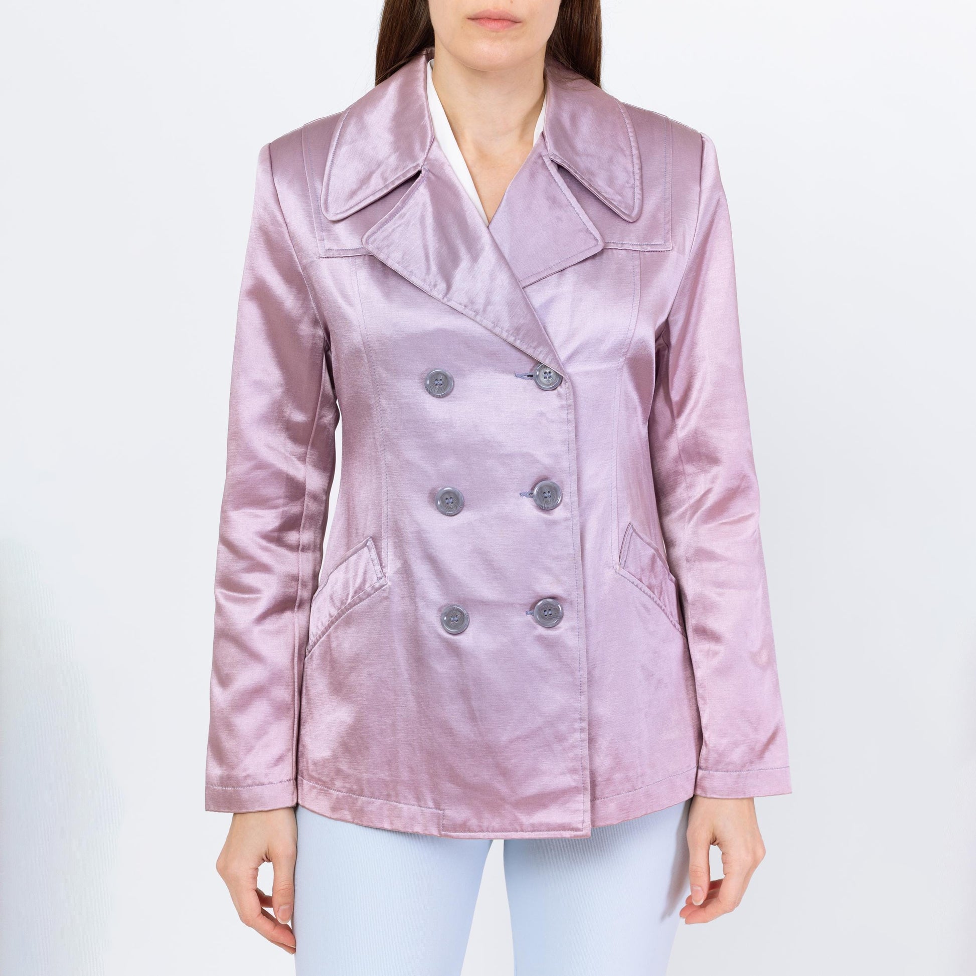Vintage 90s Mod Faded Lilac Satin Jacket - Small | Double Breasted Short Lightweight Coat