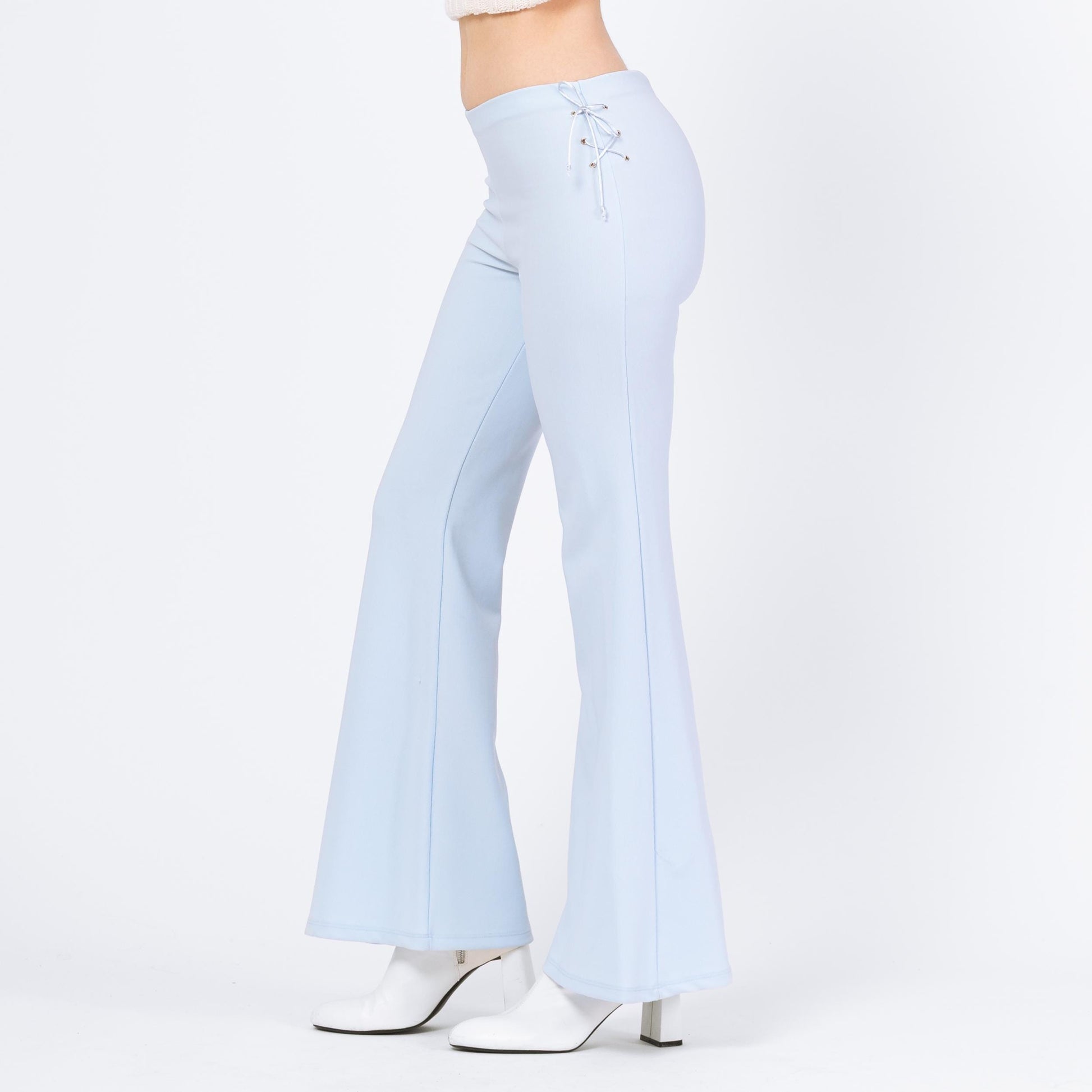 Vintage Y2K Baby Blue Lace Up Flared Pants - Small | 70s Style Retro Mid Rise Bootcut Trousers