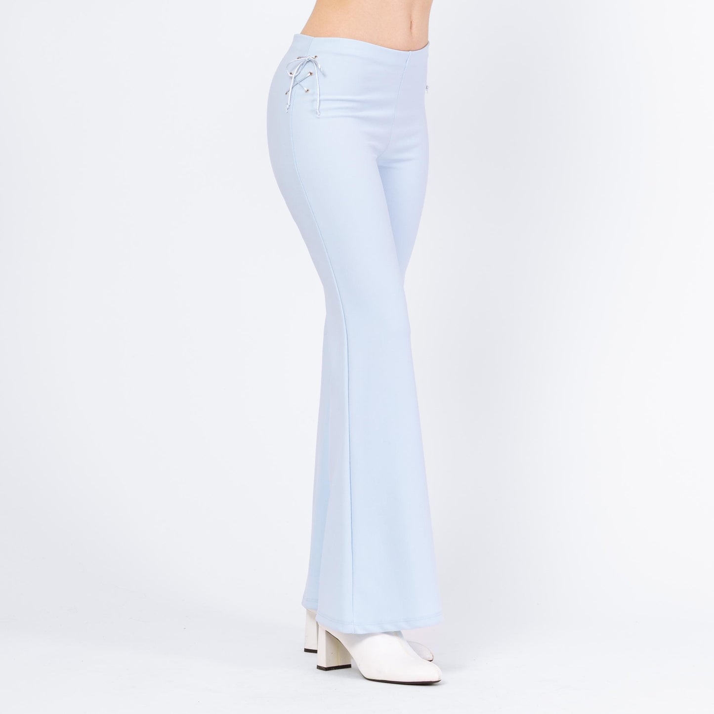 Vintage Y2K Baby Blue Lace Up Flared Pants - Small | 70s Style Retro Mid Rise Bootcut Trousers