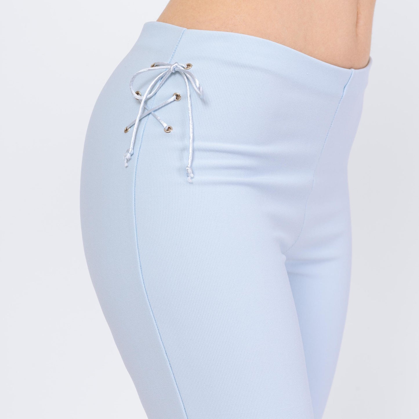 Vintage Y2K Baby Blue Lace Up Flared Pants - Small | 70s Style Retro Mid Rise Bootcut Trousers