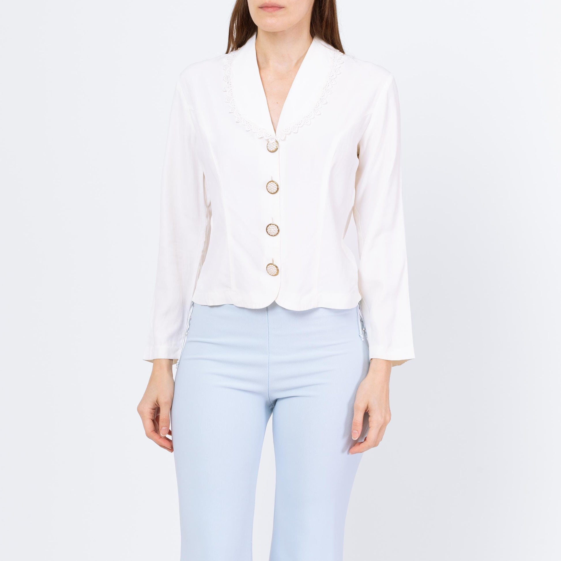 Vintage 80s White Sheer Back Blouse - Small | Shawl Collar Long Sleeve Button Up Top