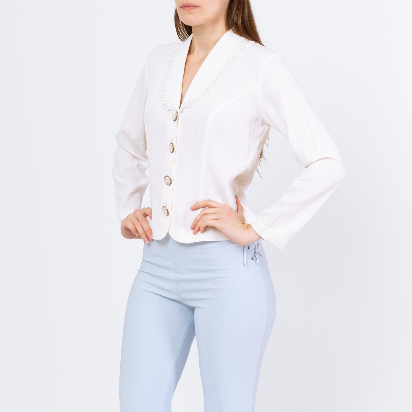 Vintage 80s White Sheer Back Blouse - Small | Shawl Collar Long Sleeve Button Up Top