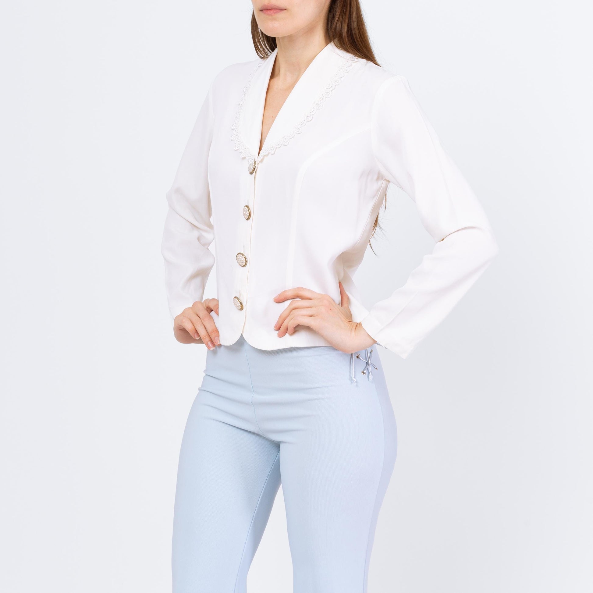 Vintage 80s White Sheer Back Blouse - Small | Shawl Collar Long Sleeve Button Up Top