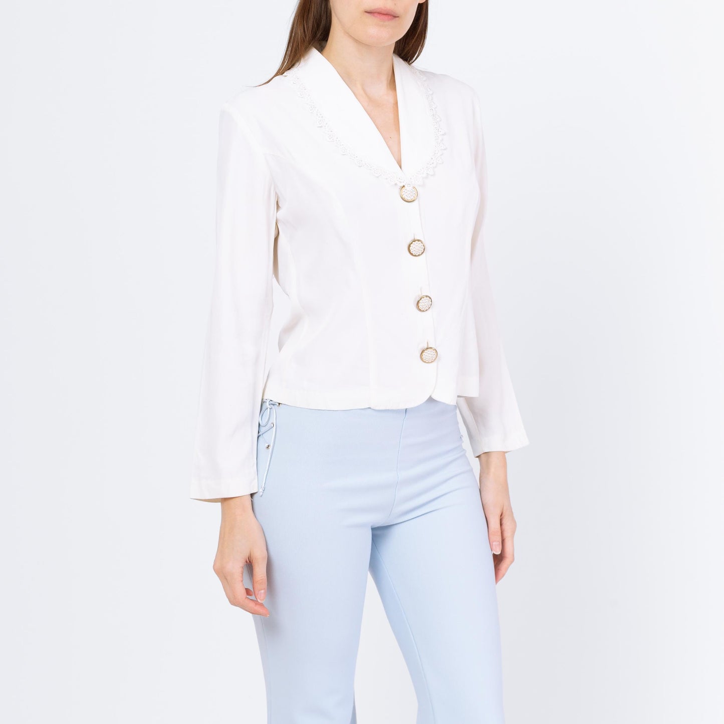 Vintage 80s White Sheer Back Blouse - Small | Shawl Collar Long Sleeve Button Up Top